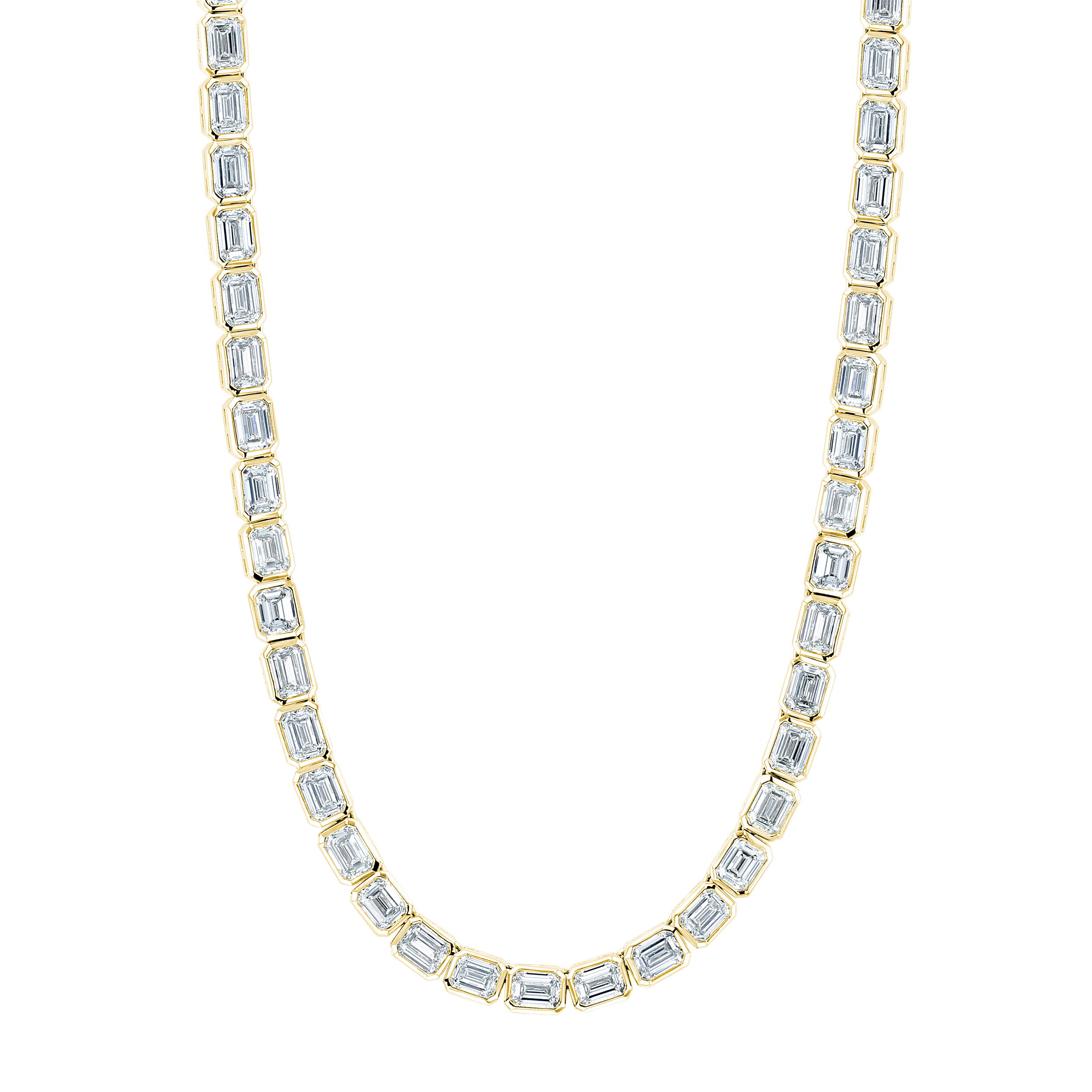 This bezel-set line necklace showcases emerald cut diamonds set east to west for a modern twist on a classic style. Each diamond is framed in sleek metal, offering a clean, contemporary look with timeless elegance. Perfect for layering or wearing solo as a statement piece.-18k Yellow gold-Emerald cut diamonds, 26.54cts-Length, 16"Item #: 165-2000057 East West Line Necklace