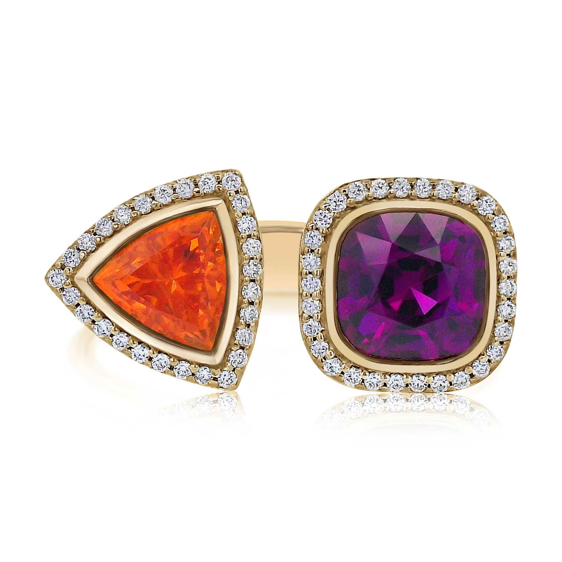 Feel POW-erful in this stunning 18k yellow gold ring with purple and spessartite garnet stone. This beautiful statement piece will be the perfect addition to your jewelry collection.-18k Yellow gold-Purple garnet, 2.32cts-Spessartite garnet, 1.65ctsItem# ND-Ring-00024 POW-er in Garnet Ring