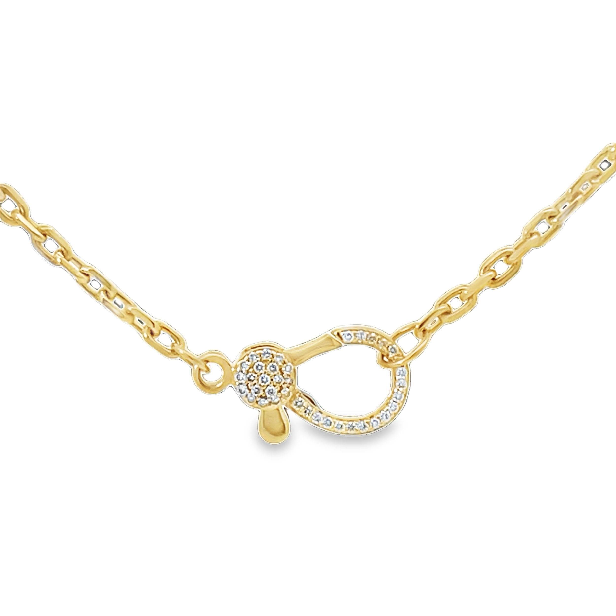 This chain necklace features a sleek design with a diamond-encrusted clasp, offering both elegance and versatility. Wear it alone for a sophisticated touch, or personalize it by adding charms to create a look that’s uniquely yours.-14k Yellow gold-Round white diamonds, 0.24cts-Chain length, 18"Item# 807-2000337 Diamond Clasp Chain Necklace