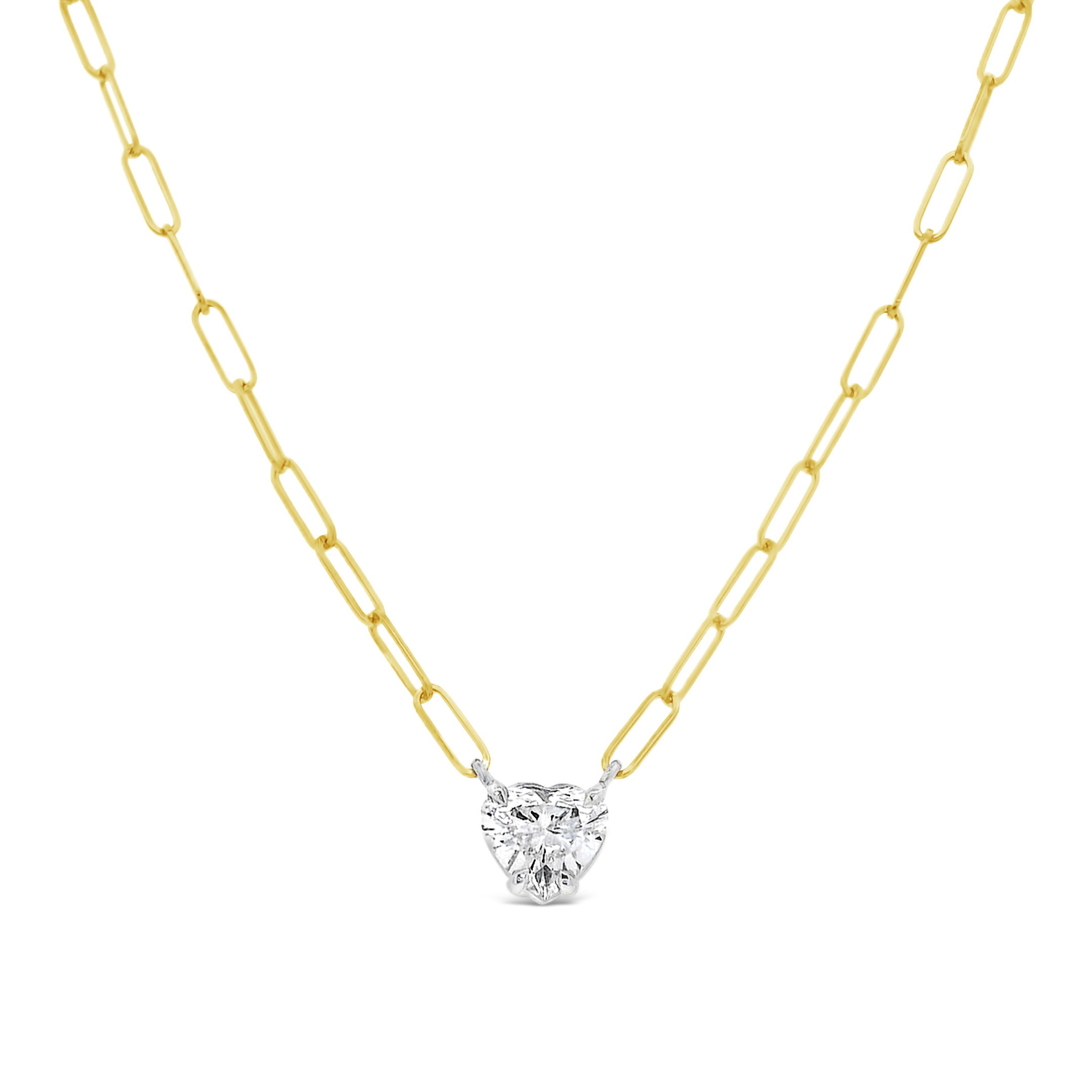 A heart-shaped diamond adds a romantic touch to this modern 18k yellow gold paperclip chain. Wear it solo for everyday shine or layered to show a little extra love.-18k Yellow gold-Diamond, D/SI2, 1.00ctsItem# 165-2000058 Diamond Heart Necklace