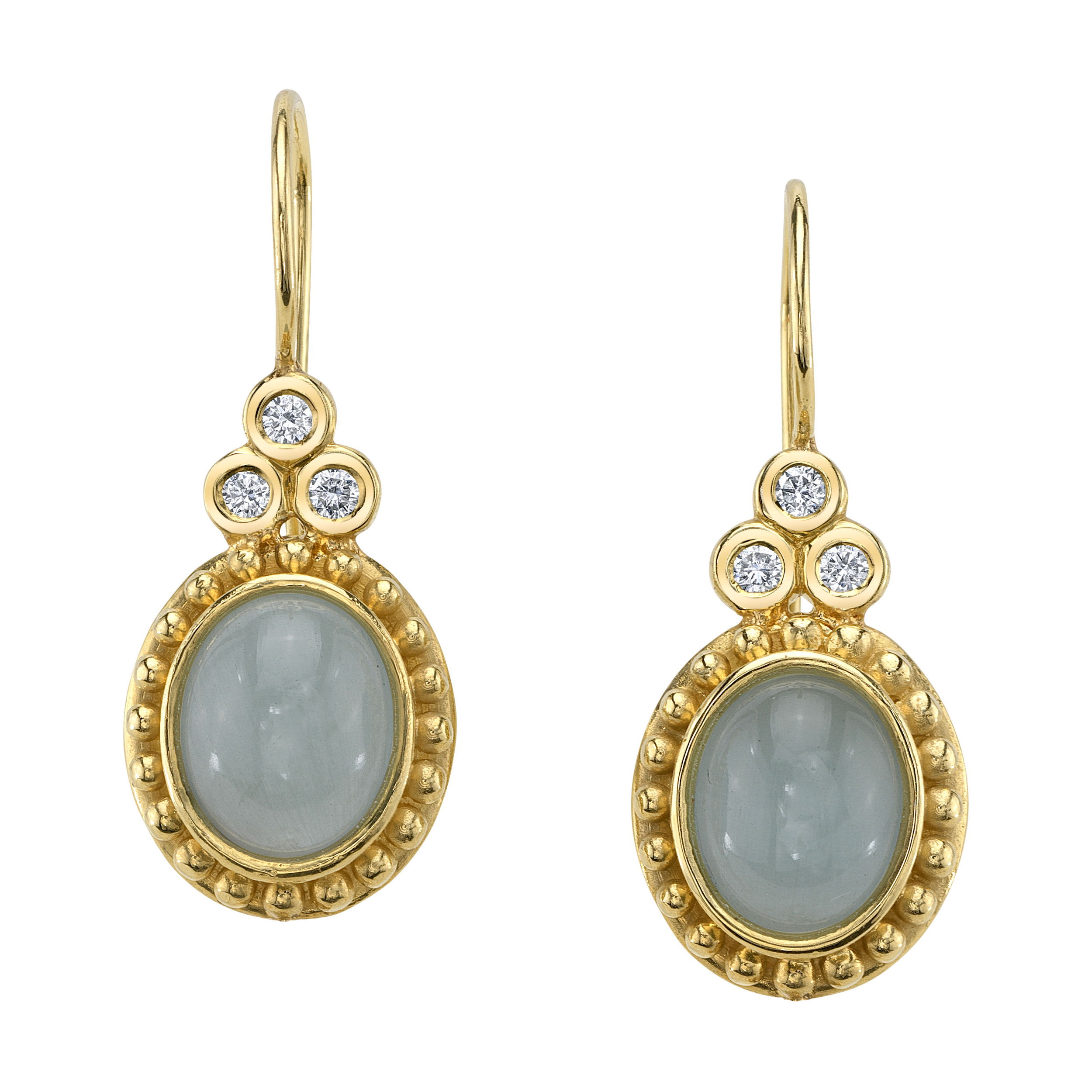 The Delphine Drops, featuring cabochon aquamarine and round diamonds set in 18k yellow gold, are a stunning example of this collection’s aquatic beauty. Pair these with any outfit for a touch of effortless elegance.-18k Yellow gold-Cabochon aquamarine, 5.40cts-Round diamonds, 0.18ctsItem# ND-EAR-00029 Delphine Drop Earrings