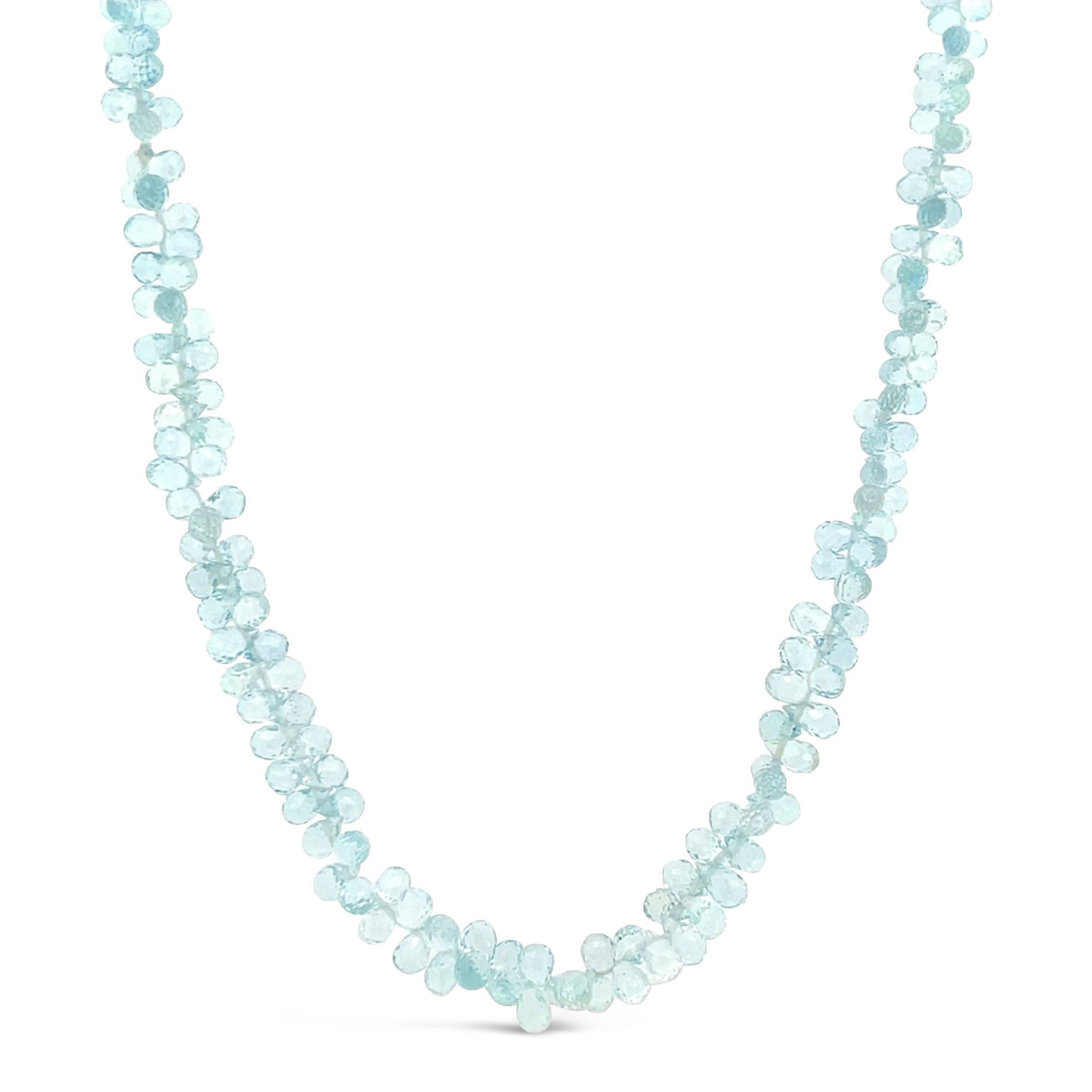 This 14k yellow gold aquamarine necklace is a beautiful finishing touch to any ensemble. Whether you're vacationing near the beach or dreaming of the ocean from home, this piece will bring a touch of coastal serenity wherever you go.-14k White gold-Aquamarine briolette beads-Diamonds, 0.21ctsItem# ND-NK-00020 Water Lily Necklace