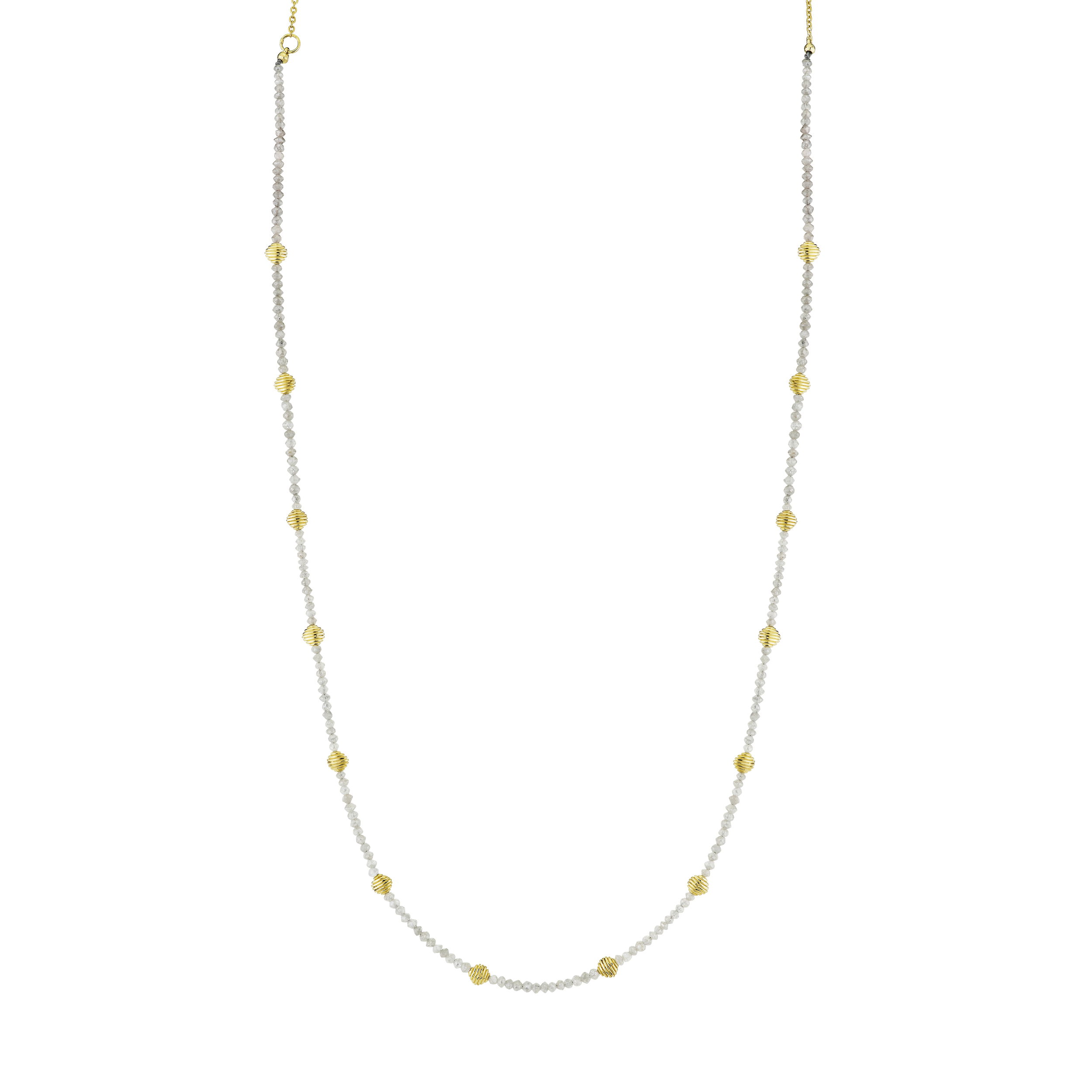 Sloane Street, the mother-daughter founded jewelry collection, was expertly named after the street of many of their family firsts in central London. Showcasing appreciation for unique design and creativity, each piece boasts an elegance that compliments any style.-18k Yellow gold-Rough diamonds, 9.86cts-Chain length, 16"-18"Item# 807-2000346 Rough Diamond Chain with Strie Cushions