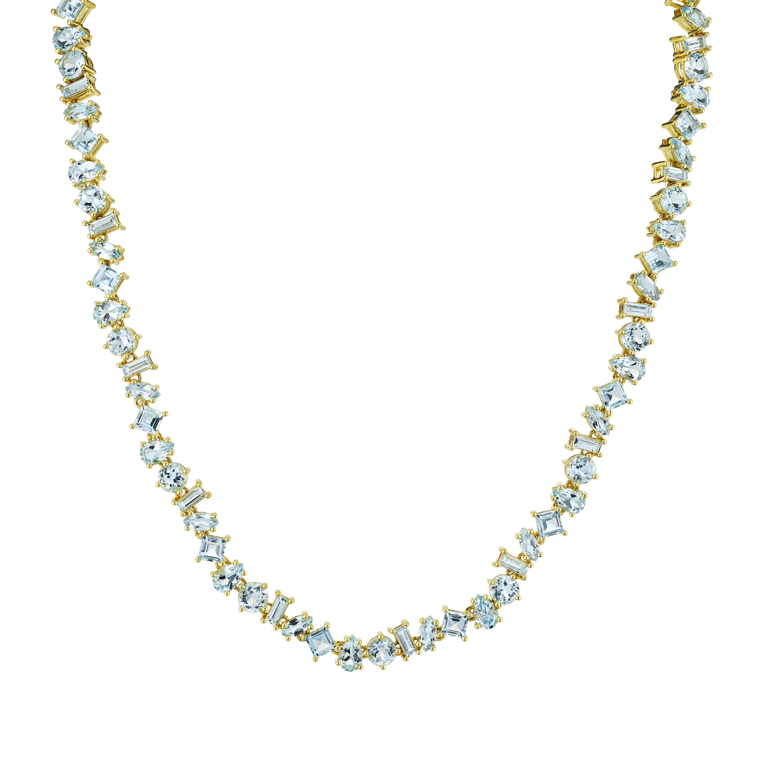 Sloane Street, the mother-daughter founded jewelry collection, was expertly named after the street of many of their family firsts in central London. Showcasing appreciation for unique design and creativity, each piece boasts an elegance that compliments any style.-18k Yellow gold-Sky blue topaz, 29.48cts-Chain length, 14"-16"Item# 807-2000347 Sky Blue Topaz Mixed Shape Collar Necklace