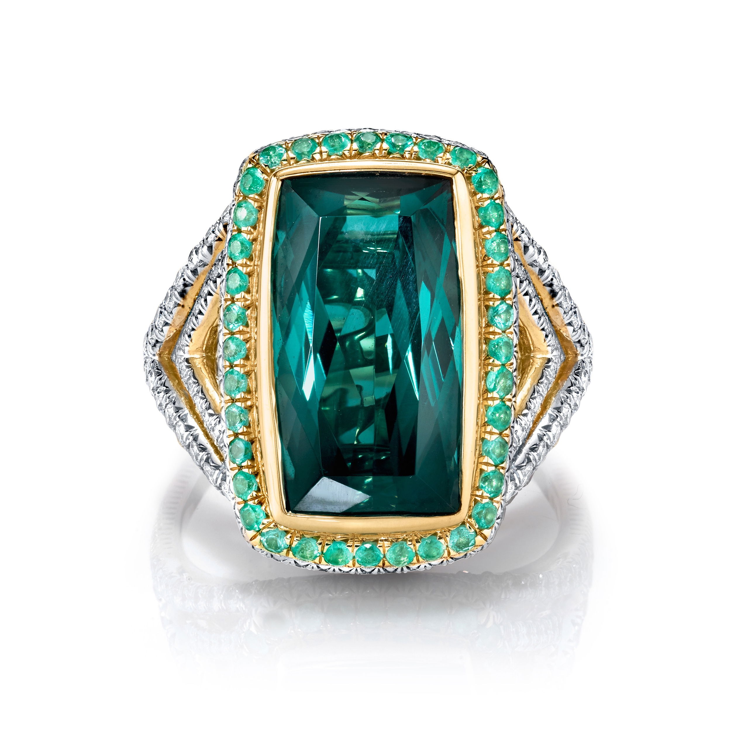 Sloane Street, the mother-daughter founded jewelry collection, was expertly named after the street of many of their family firsts in central London. Showcasing appreciation for unique design and creativity, each piece boasts an elegance that compliments any style.-18k Yellow gold-Green tourmaline, 7.01cts-Paraiba tourmaline, 0.36cts-Round diamonds, 0.72cts-Size, 6.5Item# 804-2000292 Green & Paraiba Tourmaline Ring