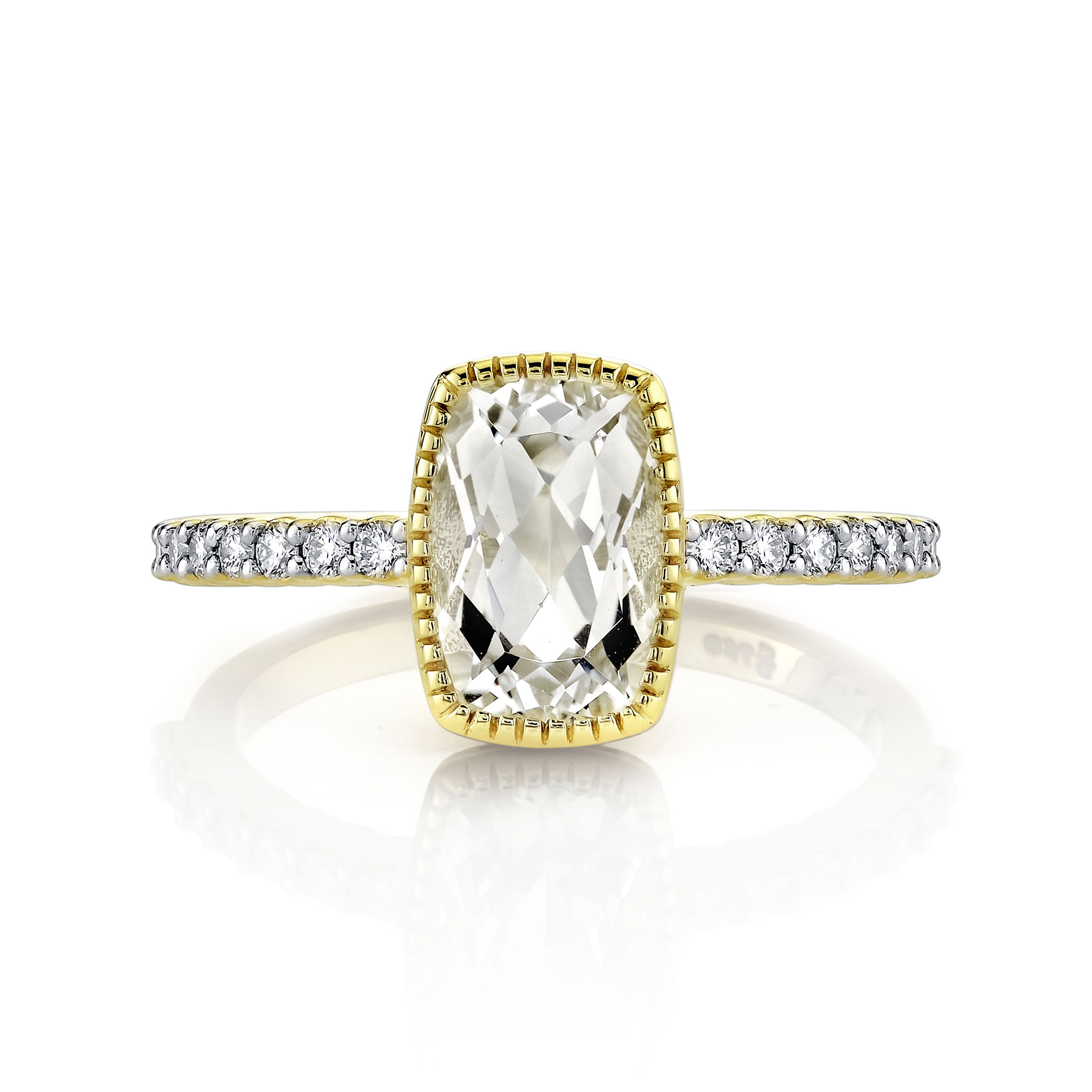 Sloane Street, the mother-daughter founded jewelry collection, was expertly named after the street of many of their family firsts in central London. Showcasing appreciation for unique design and creativity, each piece boasts an elegance that compliments any style.-18k Yellow gold-White topaz, 2.28cts-Round diamonds, 0.21cts-Size, 6.5Item# 804-2000293 Cushion White Topaz Ring