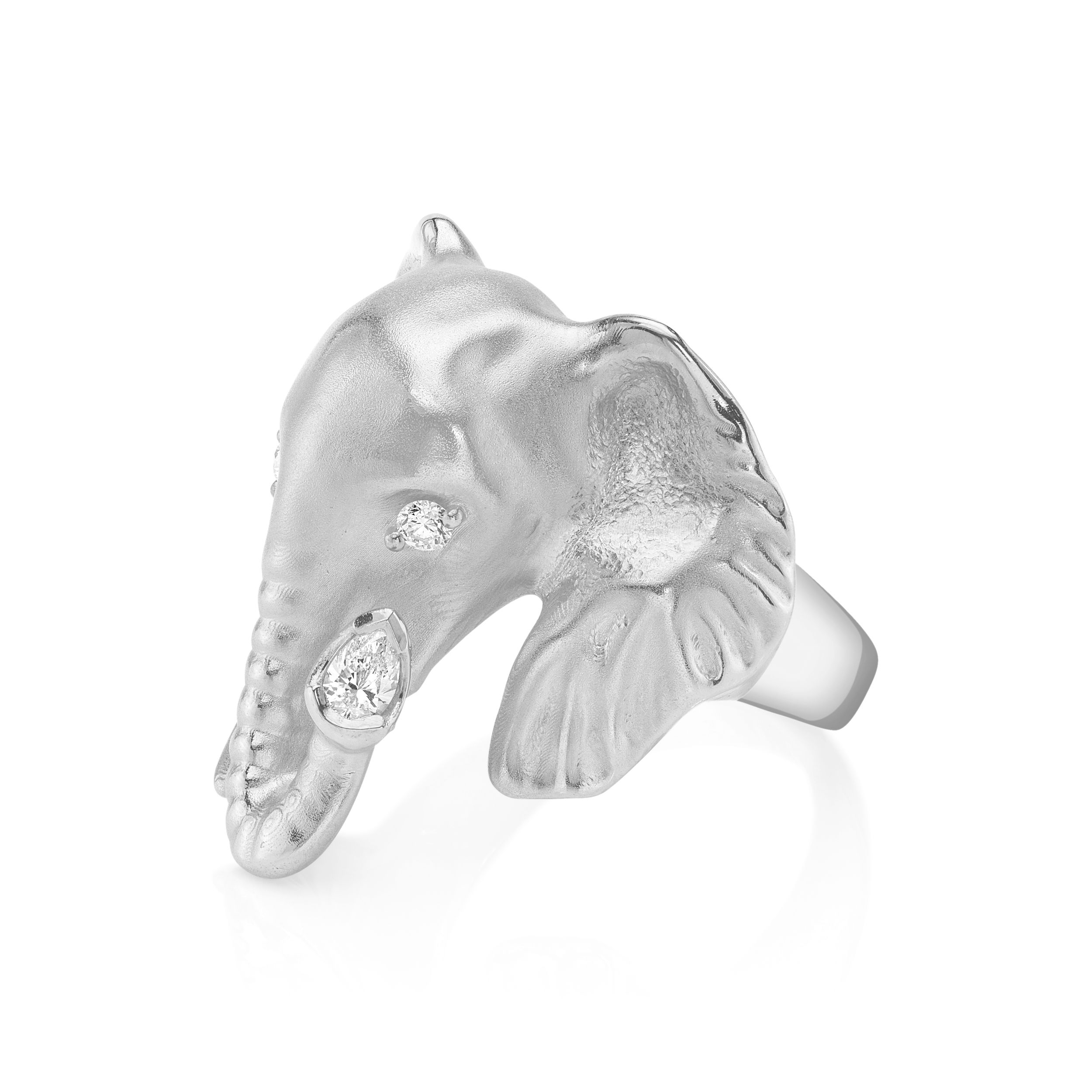 This sterling silver ring brings an elephant to life with detailed texture and sparkling white sapphires. It’s a striking piece that feels both powerful and personal—like a quiet nod to wisdom and strength.-Sterling silver-White SapphiresItem# REL30SS Babar in Sterling Silver