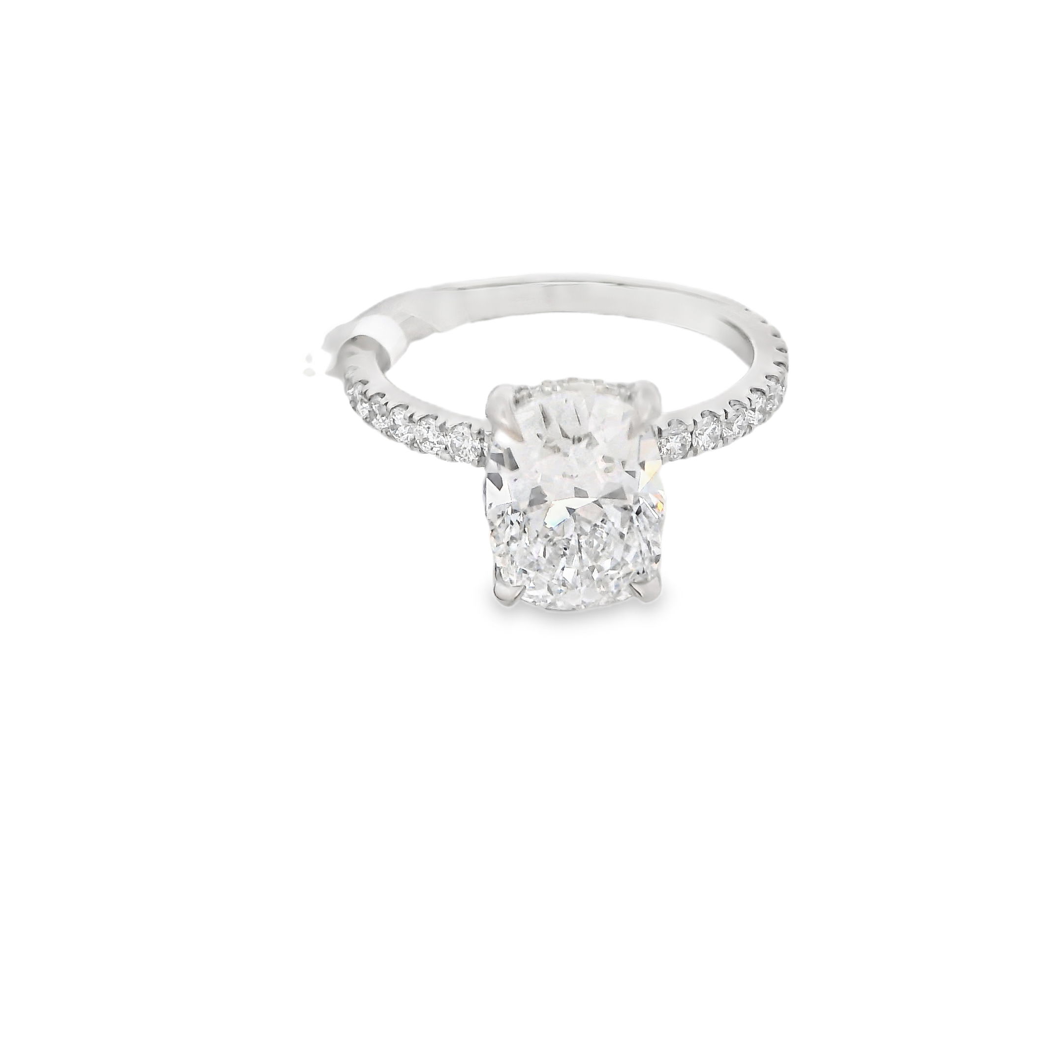 With its exceptional quality and timeless design, this ring is the perfect symbol of your love and commitment. Featuring a dazzling 2.45ct lab grown cushion cut diamond set in 14k White gold with a hidden halo for added brilliance.-14k White gold-Cushion lab grown diamond, 2.45cts-Round lab grown diamonds, 0.49cts-Size 6.5, Contact for sizing optionsItem# 100-2000046 Hidden Halo Engagement Ring