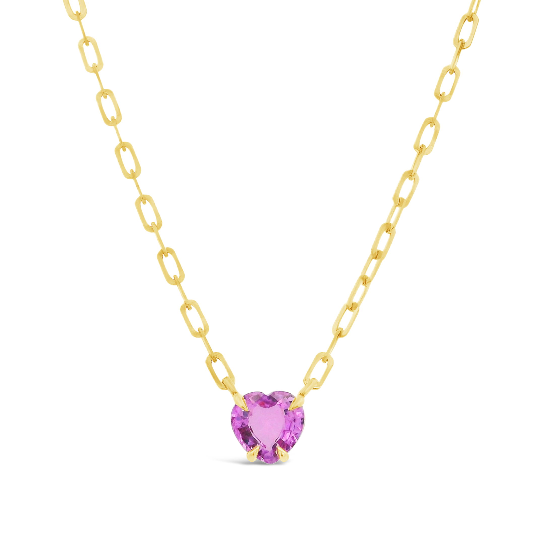 This understated heart necklace is the perfect way to add a pop of color to a necklace stack. Wear on its own for a chic look or layer for added style!-14k Yellow gold-Pink sapphire heart, 0.93ct-Paperclip chainItem# ND-NK-00027 Pink Sapphire Heart Necklace