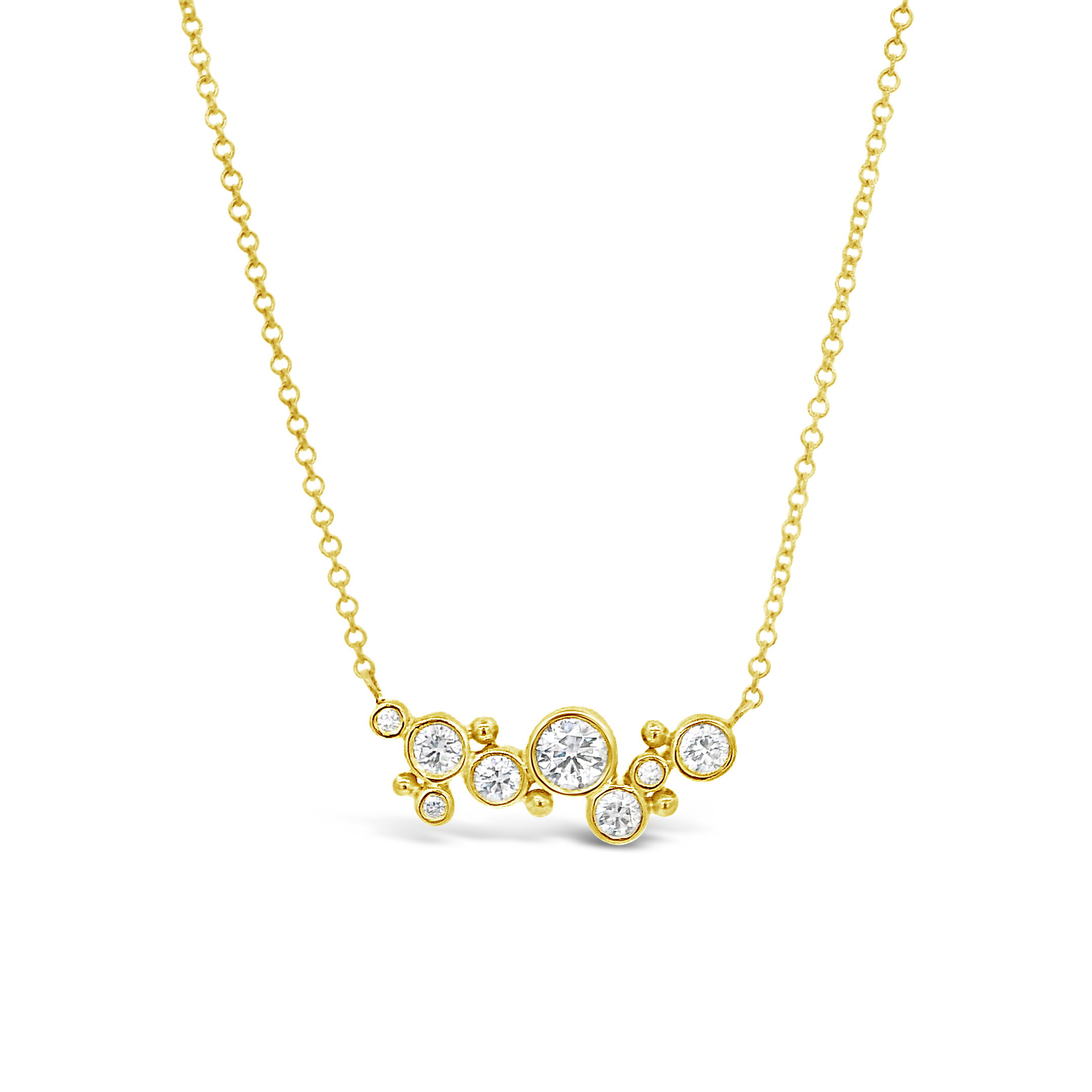 This confetti necklace in 18k yellow gold is dotted with sparkling diamonds, adding a festive touch to any look. It’s a playful piece that shines effortlessly from day to night.-18k Yellow gold-Diamonds, 0.61ctsItem# ND-NK-00030 Confetti Necklace