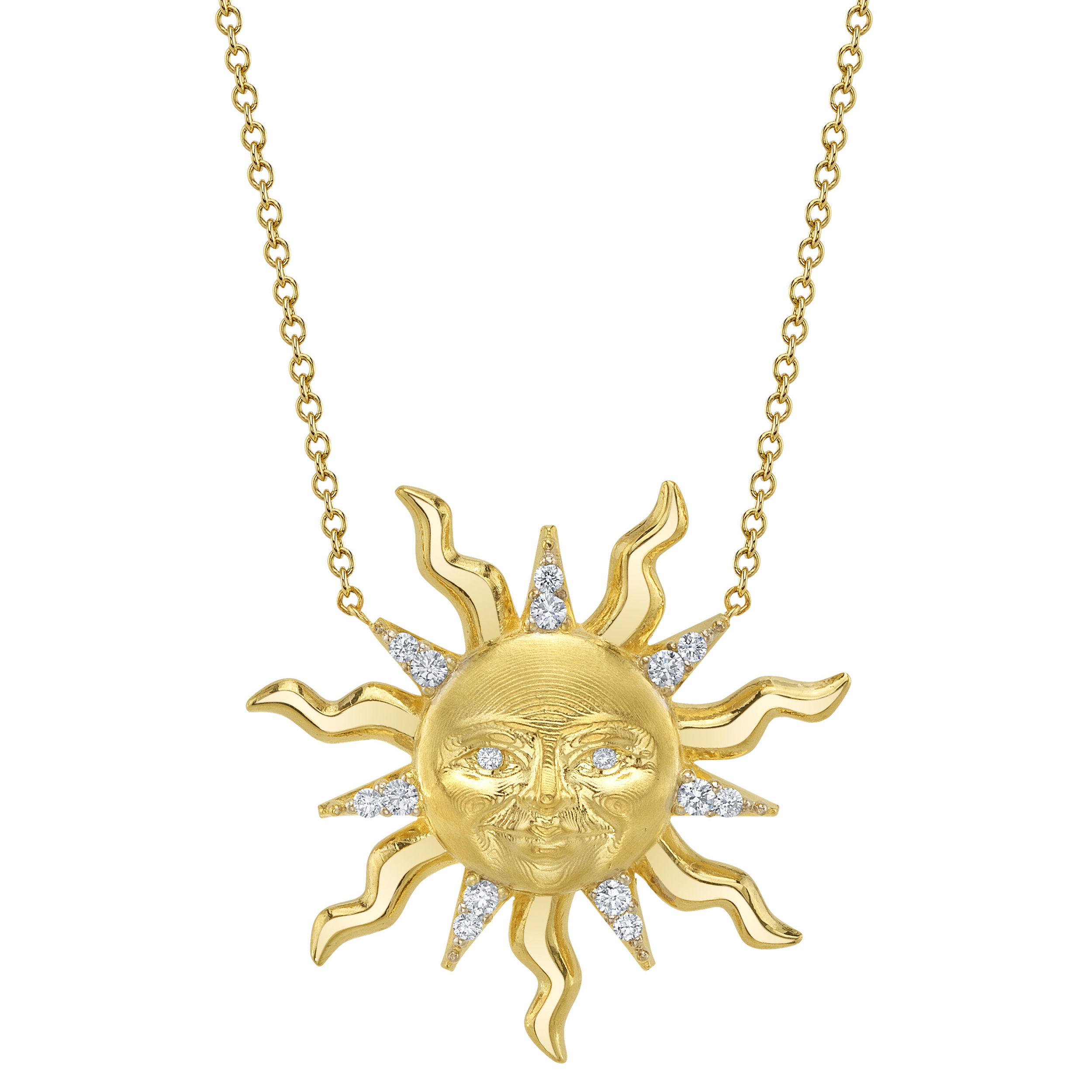 Valerie Naifeh has reimagined the iconic Sun Valley "Sun" design, bringing a modern touch to this timeless symbol. While infusing it with contemporary elegance, she honors its rich heritage, creating a collection that both celebrates the past and looks towards the future.-18k Yellow gold-Diamonds, 0.22ctsItem# SVS09-N750Y-D Sun Valley Sun Necklace in Yellow Gold with Diamonds