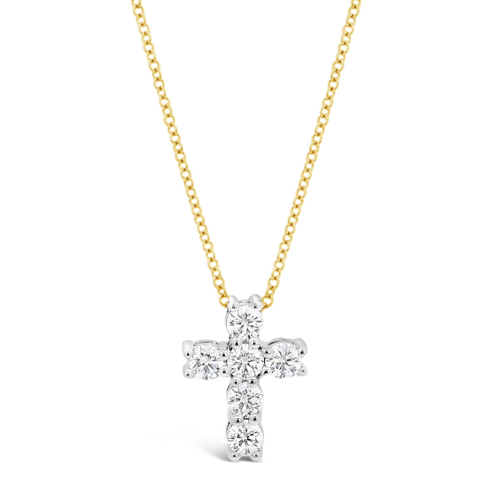 This 14k white gold cross pendant sparkles with diamonds and hangs from an 18k yellow gold chain. The mix of metals gives it a fresh, modern feel while keeping it classic.-14k White gold, pendant-18k Yellow gold, chain-Round diamonds, 0.76ctsItem# 807-2000361 Diamond Cross Gold Chain Necklace