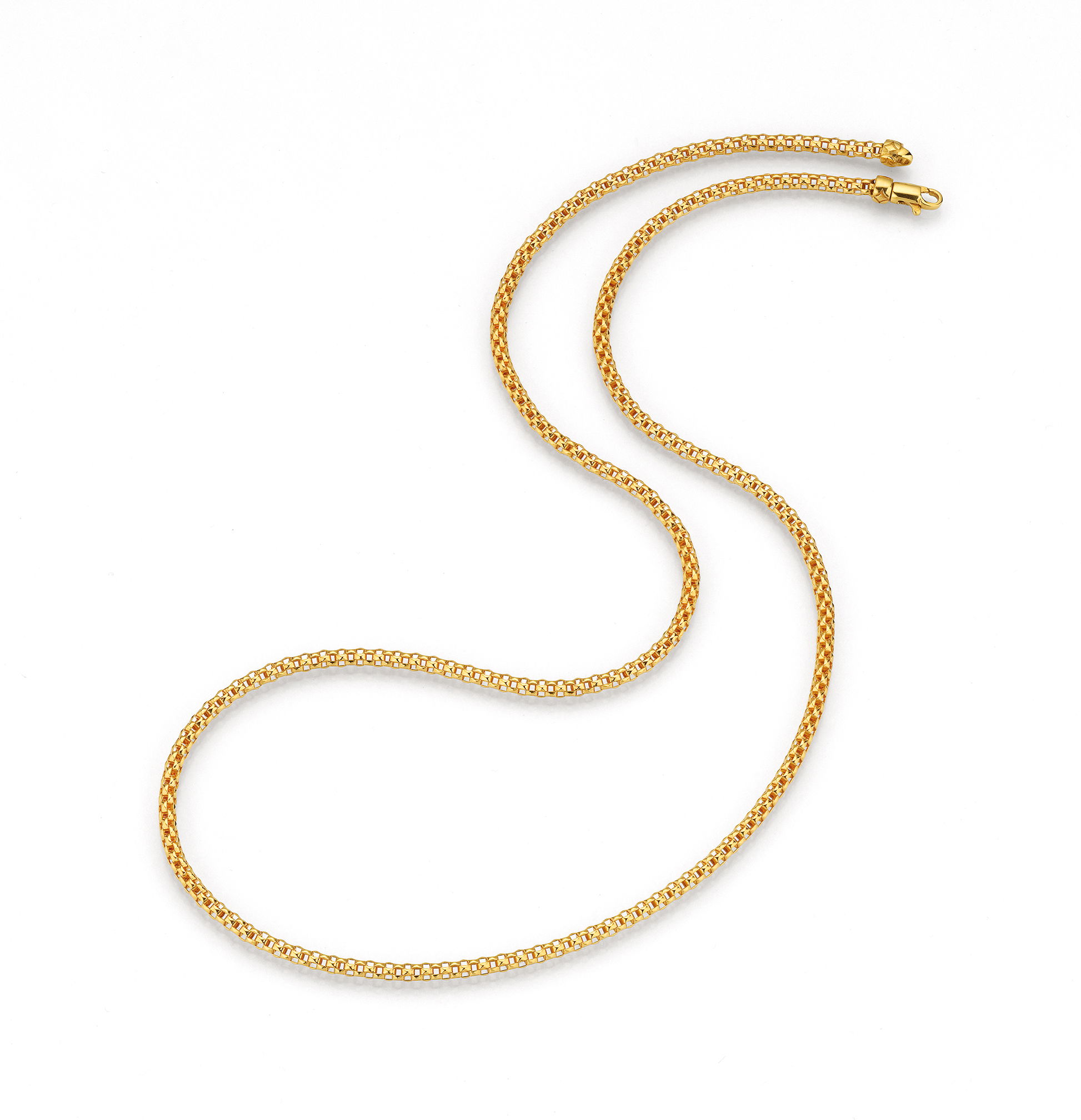 The perfect chain you have been looking for, hand crafted in 18k yellow gold. The long length can work for many occasions and is the prefect wardrobe staple. -18k Yellow gold-Mesh look chain-Length 21"Item# 807-2000365 Rounded Box Chain