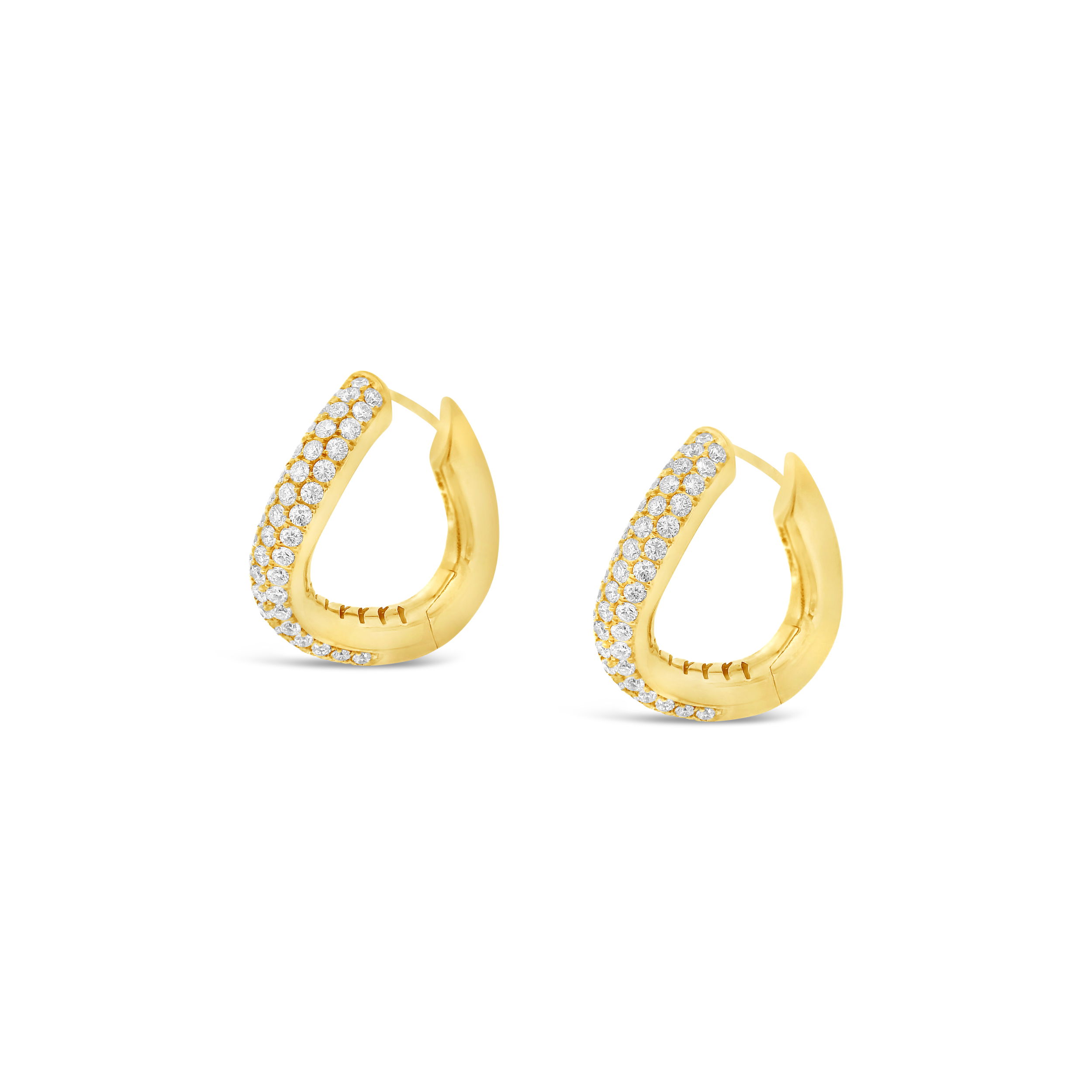 Crafted from luxurious 18k yellow gold, this wavy hoop design is adorned with sparkling diamonds for a timeless, elegant touch. Elevate your style with this exquisite piece.-18k Yellow gold-Round diamonds, 0.44ctsItem# 805-2000493 Wavy Hoops with Diamonds