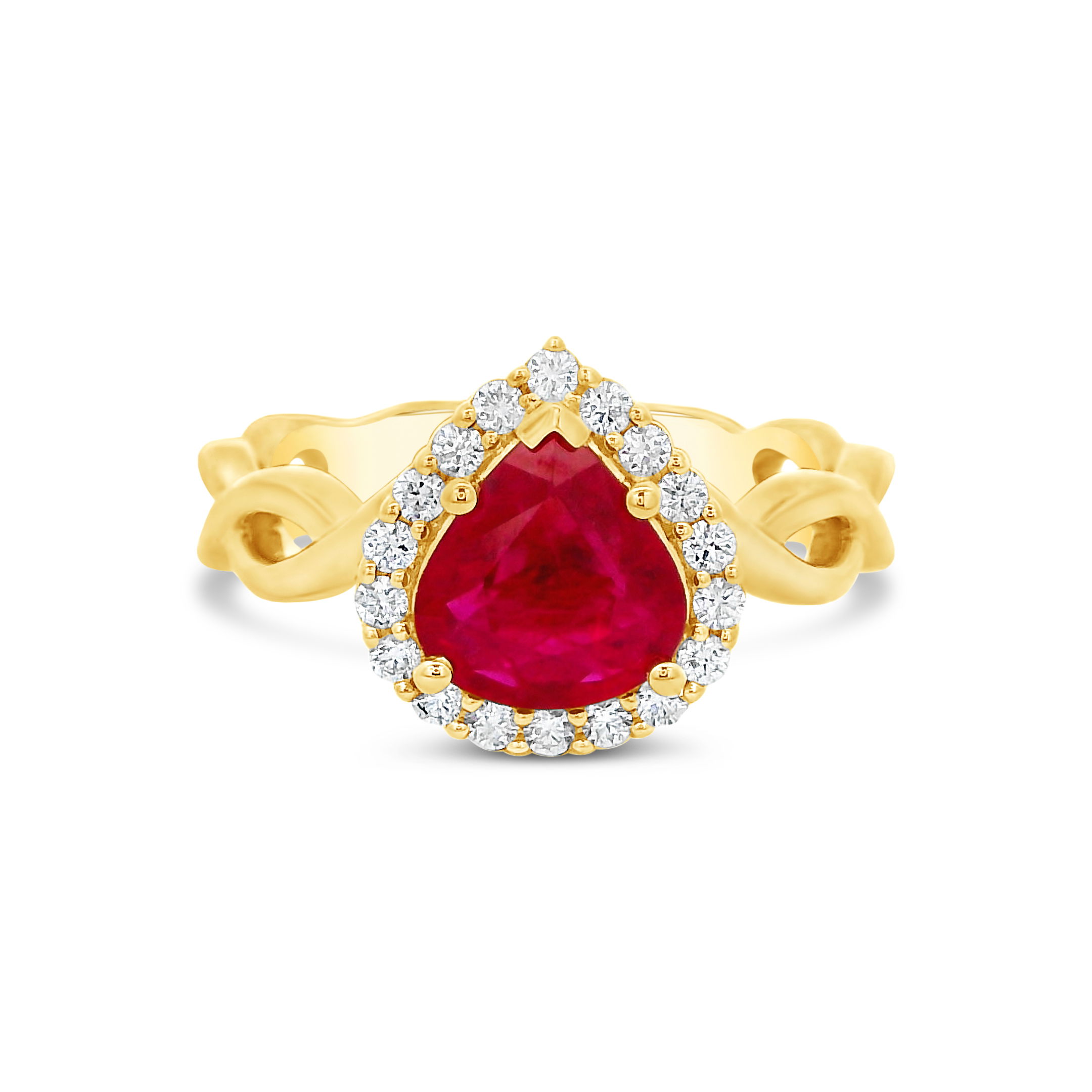 A pear-shaped ruby takes center stage in this 18k yellow gold engagement ring, accented by sparkling diamonds for a touch of brilliance. Bold, vibrant, and unforgettable—perfect for a love that stands out.-18k Yellow gold-Pear ruby, 1.38cts-Diamond, 0.21ctsItem# 804-2000295 Ruby Engagement Ring