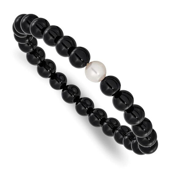 Elevate your style with the Black Onyx & Freshwater Pearl Stretch Bracelet, a harmonious blend of elegance and sophistication. This stunning bracelet features a captivating contrast between the deep, lustrous black onyx beads and the soft, iridescent sheen of freshwater pearls. -Black onyx-Freshwater pearl-Size, 7.25"Item# Helios-00025 Black Onyx & Freshwater Pearl Stretch Bracelet
