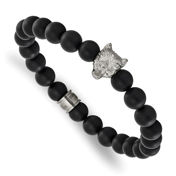Introducing our striking Black Agate Stretch Bracelet with Steel Wolf Head, a perfect fusion of elegance and strength. This meticulously crafted accessory features smooth, high-polished black agate beads that exude a sense of mystery and sophistication. Each bead is selected for its rich, deep hue, offering a versatile, timeless appeal that effortlessly complements any outfit.-Black agate-Stainless steal-Size, 6"Item# Helios-00026 Black Agate Stretch Bracelet with Steel Wolf Head