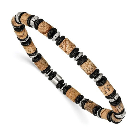 Introducing our elegant Black Onyx & Jasper Stretch Bracelet, a timeless piece that effortlessly combines sophistication with natural beauty. This stunning bracelet is crafted with polished black onyx beads that exude a sense of mystery and allure, making it a perfect accessory for both casual and formal occasions.-Black onyx-Jasper beads-Sterling silver beads-Size, 7.25"Item# Helios-00031 Black Onyx & Jasper Stretch Bracelet