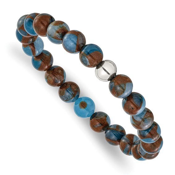 Elevate your accessory collection with our exquisite Blue & Gold Agate Stretch Bracelet, a stunning fusion of natural elegance and modern design. This luxurious bracelet features meticulously polished blue agate beads, known for their calming and soothing energy, beautifully complemented by shimmering gold accents that add a touch of sophistication and warmth. -Blue and gold agate-Sterling sliver bead-Size, 7.25"Item# Helios-00032 Blue & Gold Agate Stretch Bracelet