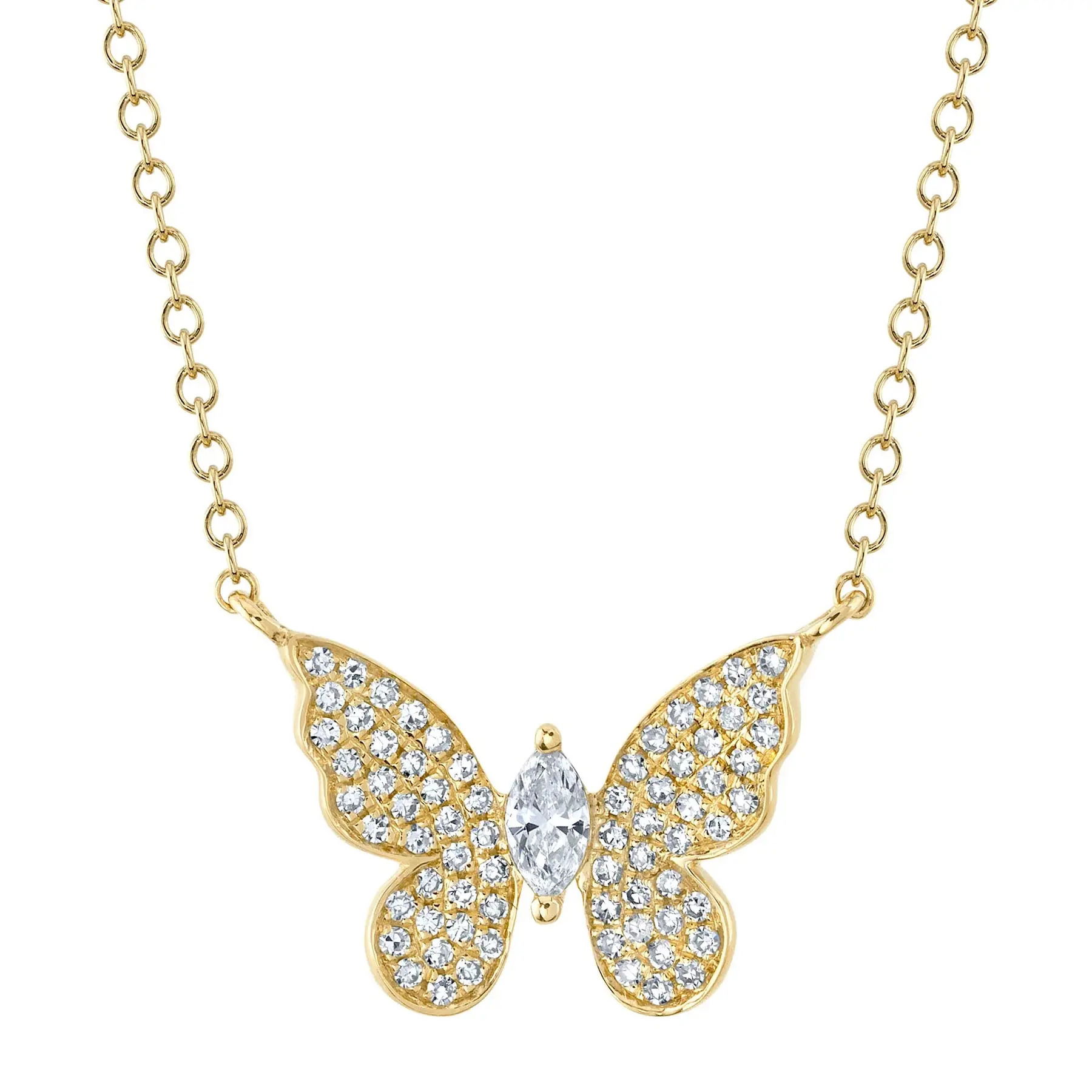 Add timeless charm to your collection with this beautifully crafted gold pendant featuring round and marquise-shaped side stones. perfect for everyday elegance or special occasions. -14k Yellow gold-Marquise diamond, 0.16cts- Pave round diamonds, 0.07cts-Pendant measures 0.45"L/0.65"W-Chain has lengths at 15",16",17",18" on adjustable chain Single Butterfly Necklace