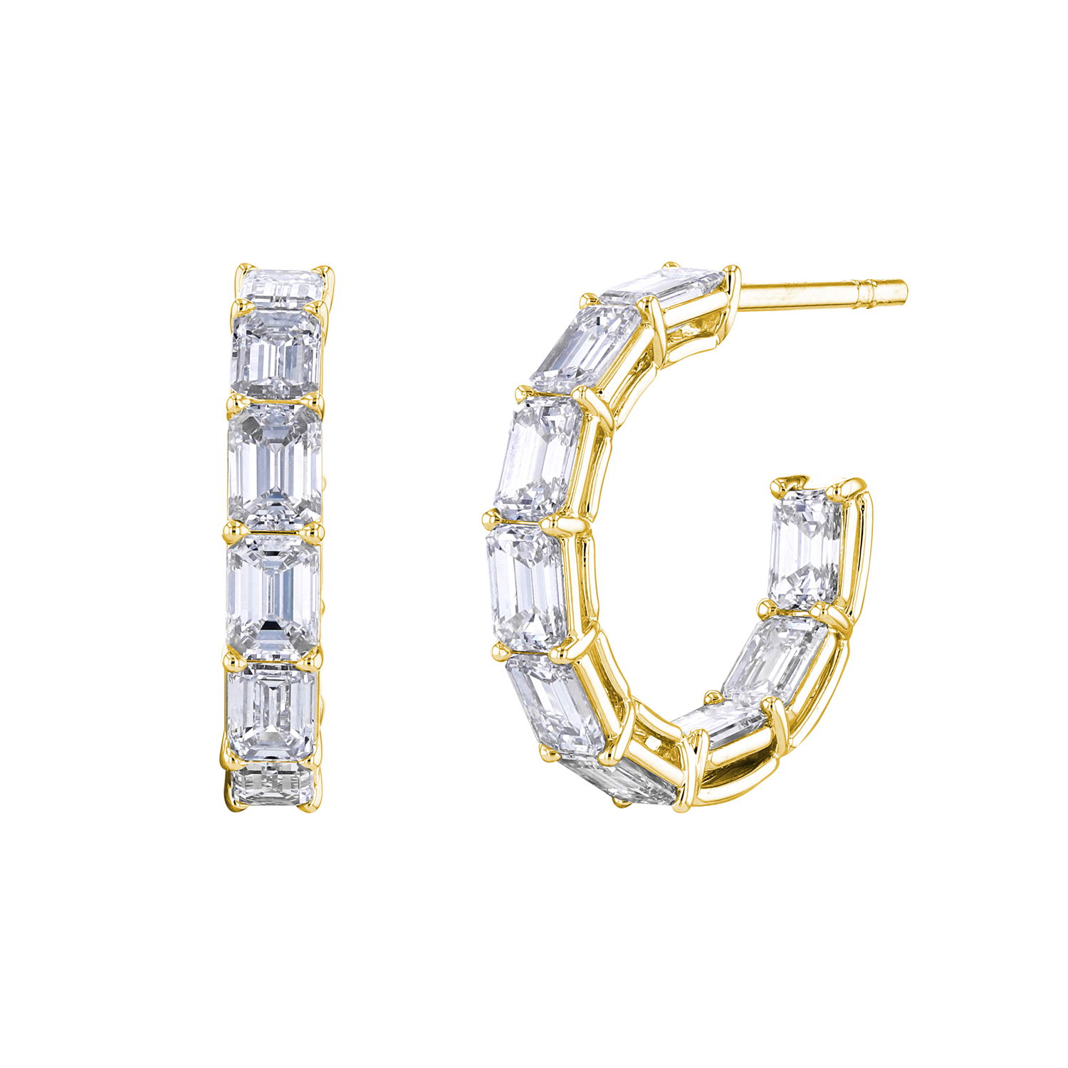 Bold and refined, these 18K yellow gold hoops showcase 3.99 carats of emerald cut diamonds set inside and out. A sophisticated twist on a classic silhouette, offering brilliance with every turn.-18k Yellow gold-Emerald cut diamonds, 3.99ctsItem# 150-2000119 Inside Out Emerald Cut Hoops