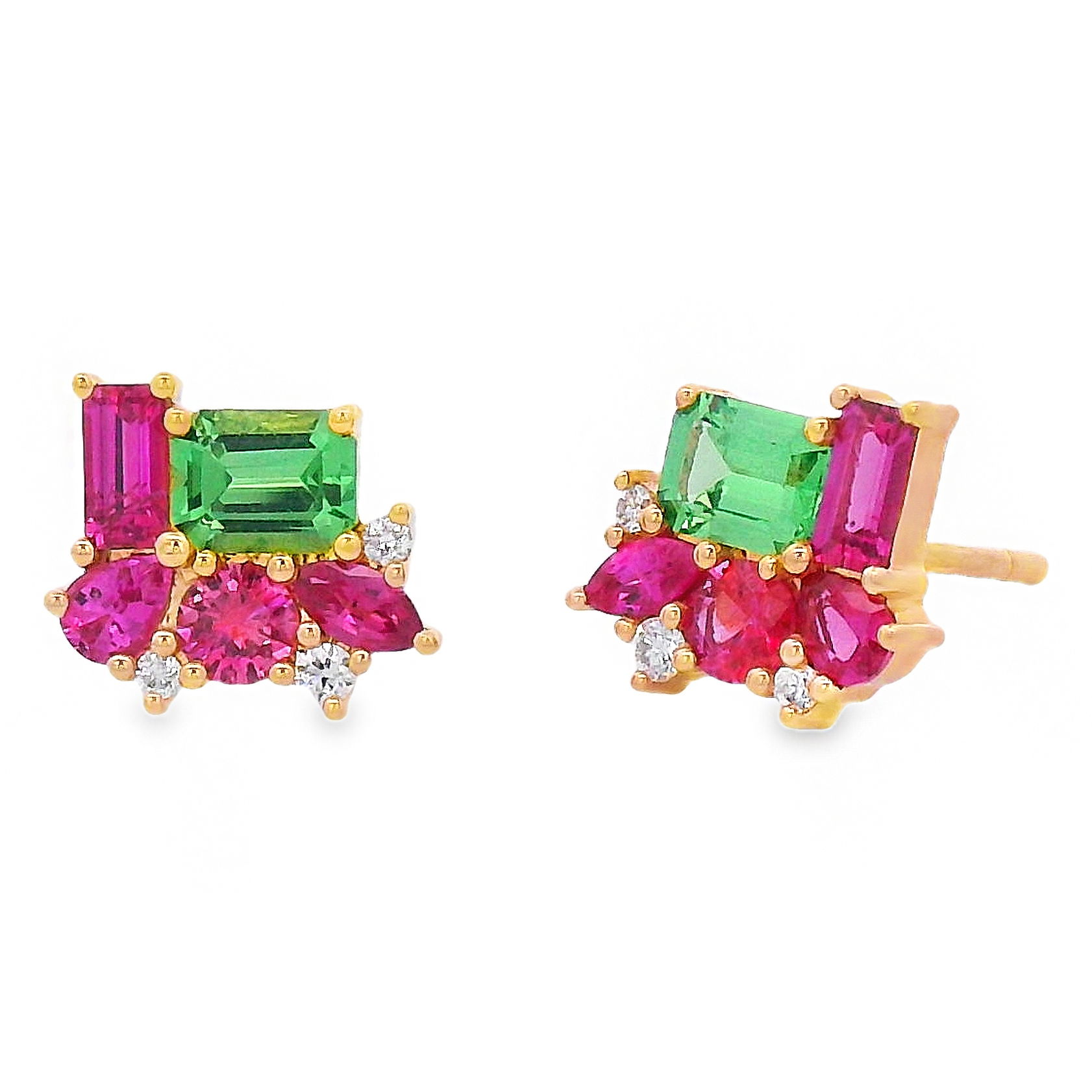 Playful yet polished, these 18K yellow gold stud earrings feature a unique mix of pink sapphires, vibrant green tsavorite, and round diamonds. The multi-shape design adds a modern edge, while the colorful gemstones bring a fresh, lively elegance to any look.-18k Yellow gold -Pink sapphire, 1.46cts-Tsavorite, 0.29cts-Diamonds, F-G/VS, 0.06cts Item# 210-2000073 Pink Sapphire and Tsavorite Stud Earring