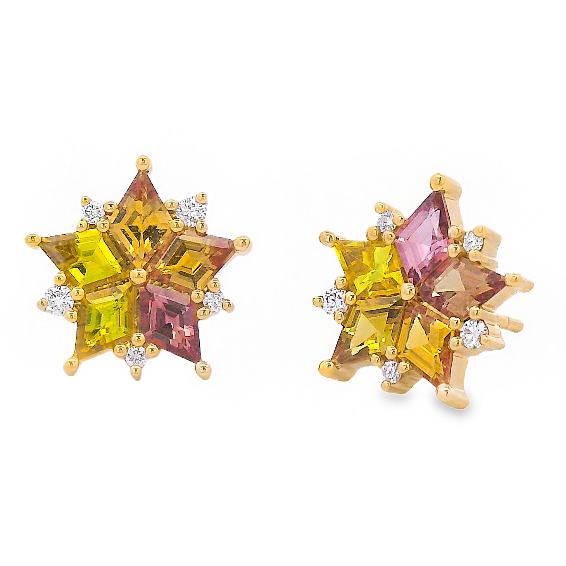 -18k Yellow gold -Multi color sapphires, 1.83cts-Diamonds, F-G/VS 0.11ctsItem# 210-2000074 Multi Color Sapphire Star Earring