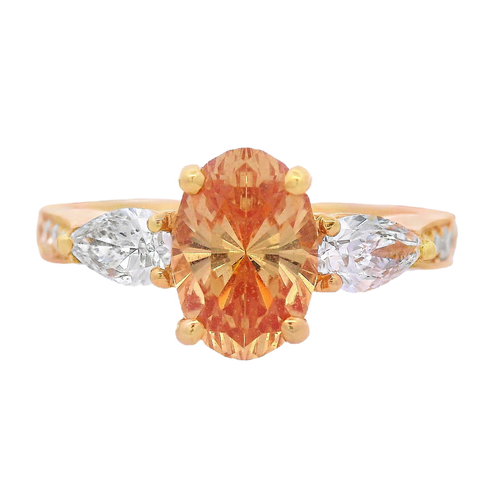 This 18k yellow gold ring showcases a 2.24-carat oval-shaped peach sapphire—warm, romantic, and full of character. Accented with 1.21 carats of sparkling diamonds, it’s a graceful blend of color and brilliance, perfect for making a statement with elegance.-18k Yellow gold -Peach sapphire, 2.24ct-Diamonds, 1.21cts-Size 7Item# 200-2000147 Dainty Cathedral Ring