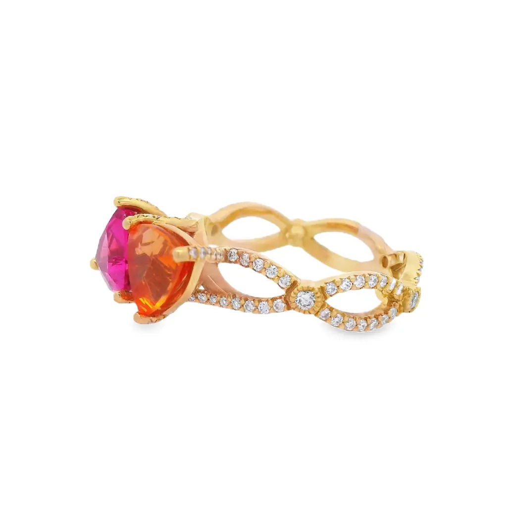 A modern take on a timeless symbol, this 18K yellow gold toi et moi ring pairs a 1.82-carat pink spinel with a 1.82-carat spessartite garnet—two vibrant stones representing harmony and connection. Accented with round diamonds, it’s a bold yet elegant piece that celebrates individuality and love.-18k Yellow gold -Pink spinel, 1.82ct-Orange spessartite, 1.82ct -Diamonds, F-G/VS 0.6ctsItem# 200-2000150 Toi Et Moi Ring