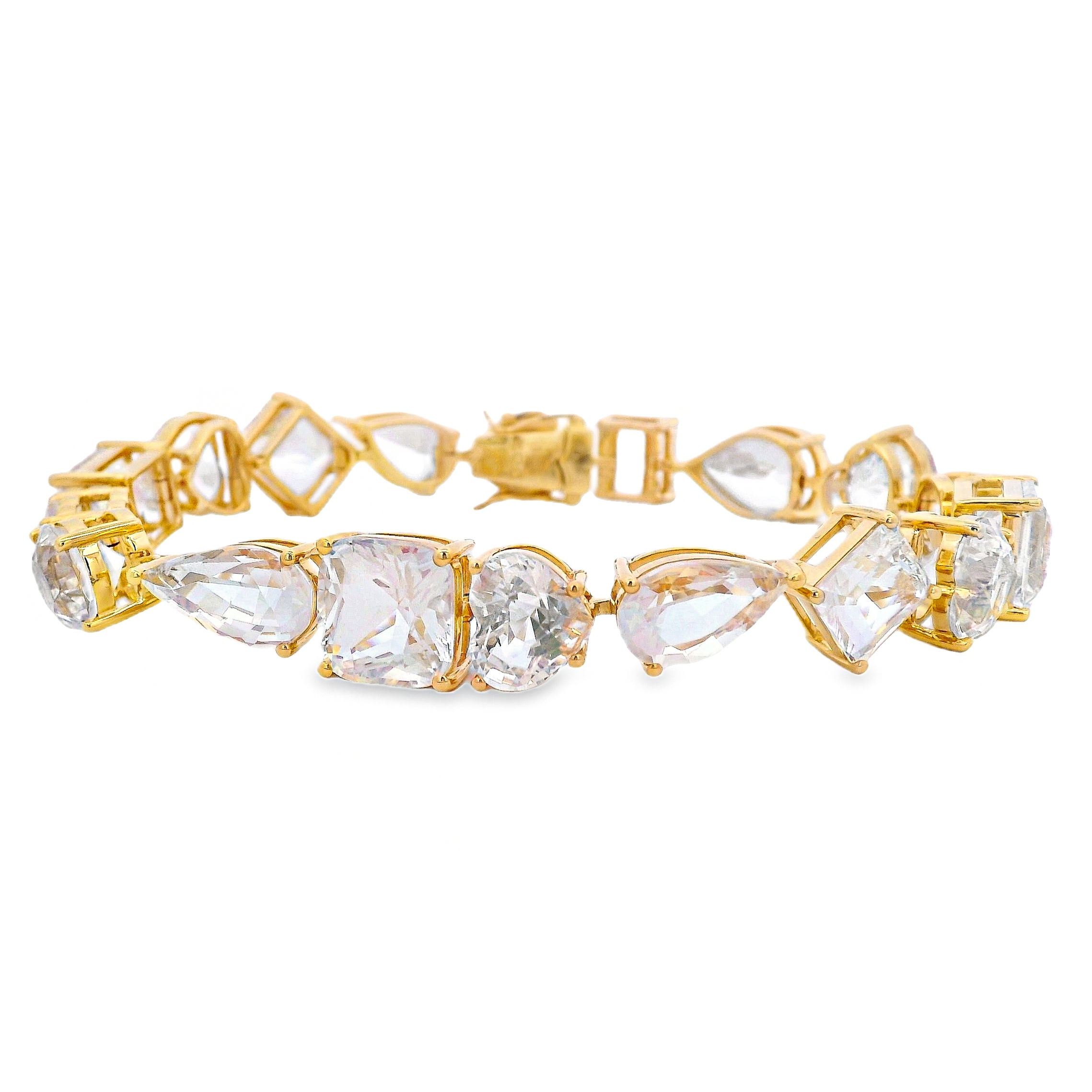 Featuring 51.99cts of rare faceted moonstone, this 18k yellow gold bracelet combines natural shimmer with refined elegance. The unique cut enhances the gem’s ethereal glow, making it a standout piece of timeless beauty.-18k Yellow gold-Faceted moonstone, 51.99cts-Diamonds, F-G/VS 0.22cts-Length 7.5"Item# 240-2000028 Riviera Moonstone Bracelet