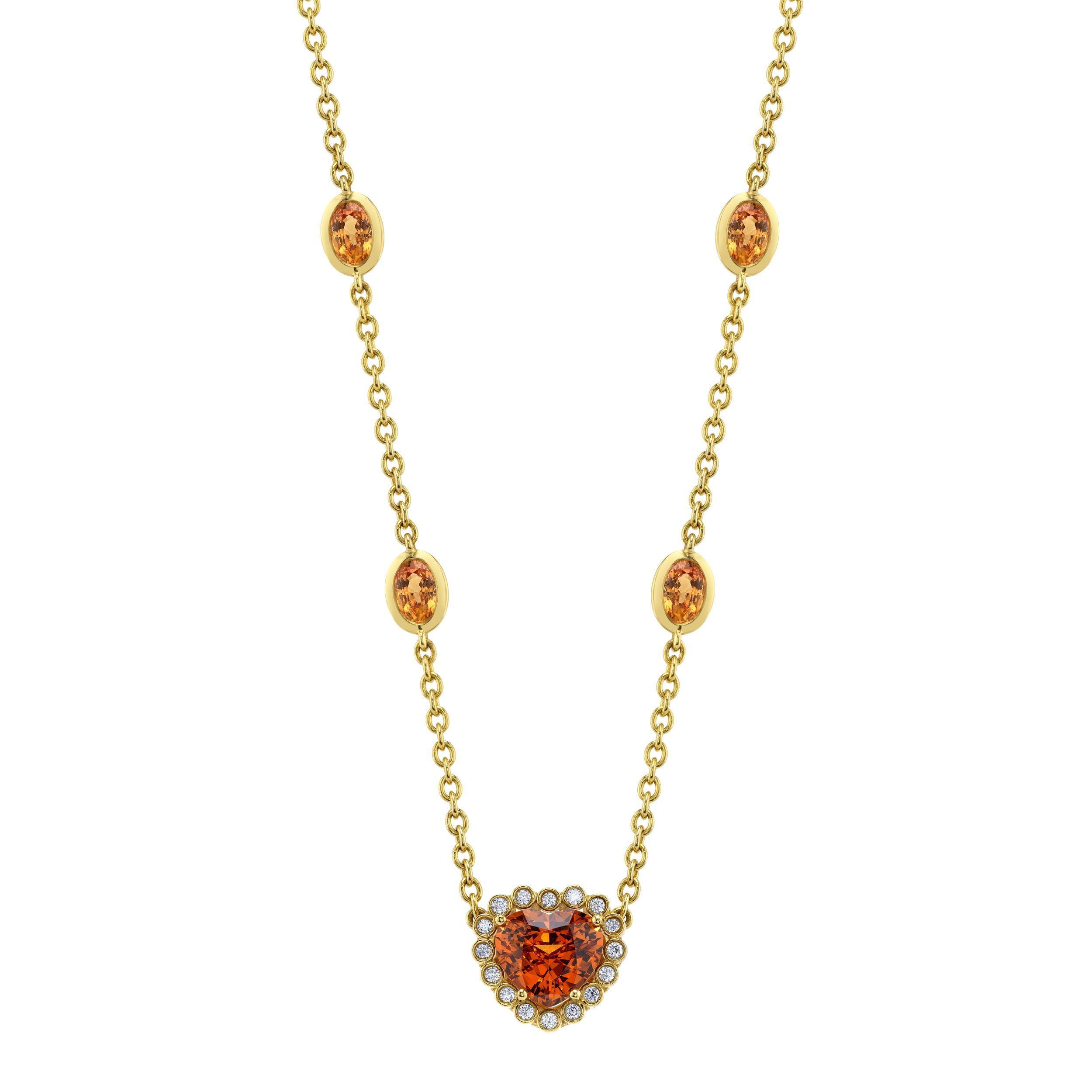 Vibrant and full of charm, this 18k yellow gold necklace features a striking 4.27ct heart-shaped mandarin garnet, surrounded by a halo of sparkling diamonds. The chain is adorned with 4.38cts of bezel-set oval mandarin garnets, adding rich color and elegance throughout. A beautifully crafted design that blends warmth, brilliance, and romantic detail.-18k Yellow gold-Heart shape mandarin garnet, 4.27ct-Oval shape mandarin garnets, 4.38cts-Diamonds, F-G/VS 0.32cts-Length 18"Item# 235-2000033 Tangerine Dream Necklace