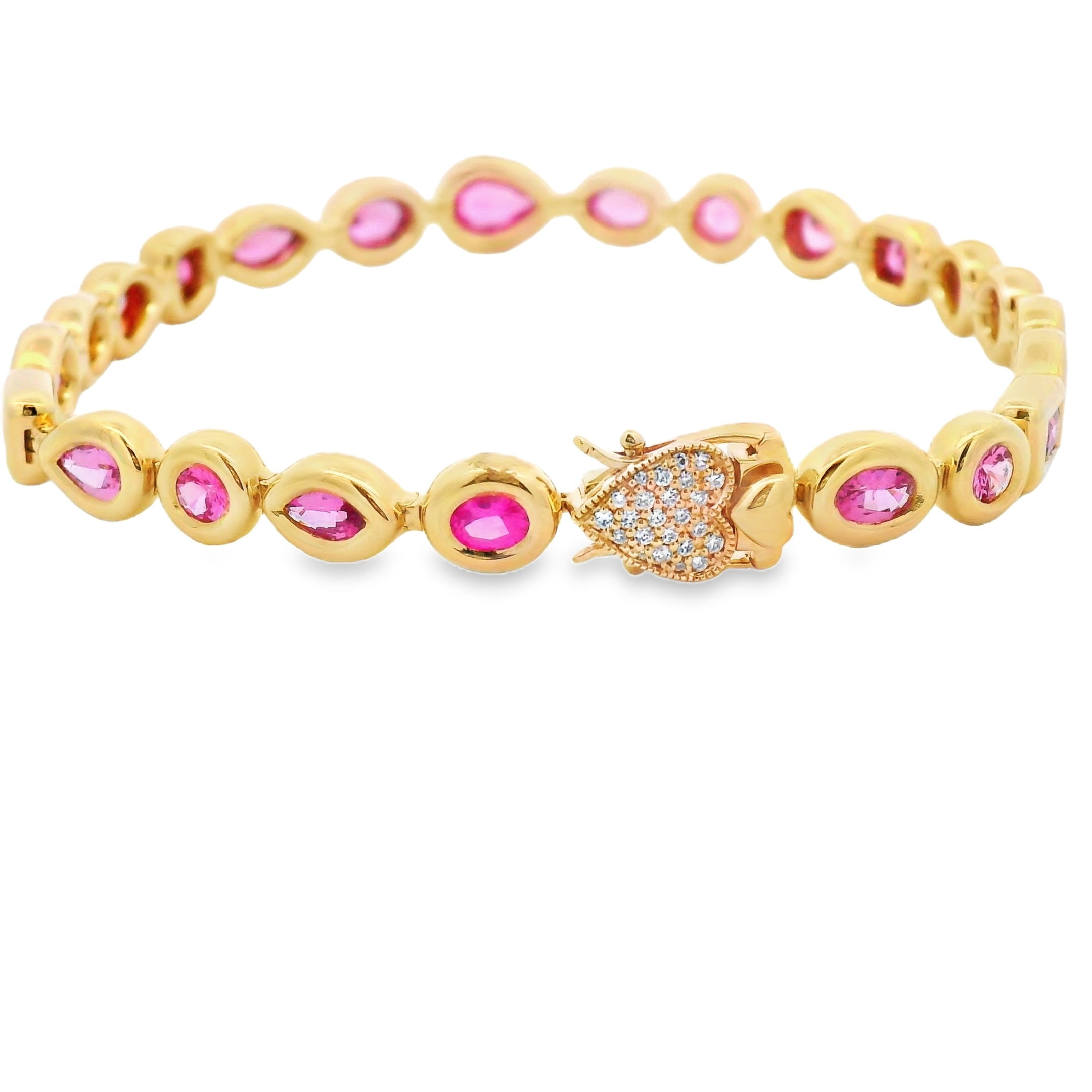 This elegant bracelet features vibrant pink spinels in sleek bezel settings, all set in rich 18k yellow gold. The vivid hue and clean design make it a refined, standout piece—perfect for everyday luxury or special occasions.-18k Yellow gold -Pink spinel, 1.00cts-Diamond, F-G/VS 0.12ctsItem# 240-2000029 Fuchsia Opulence Bracelet