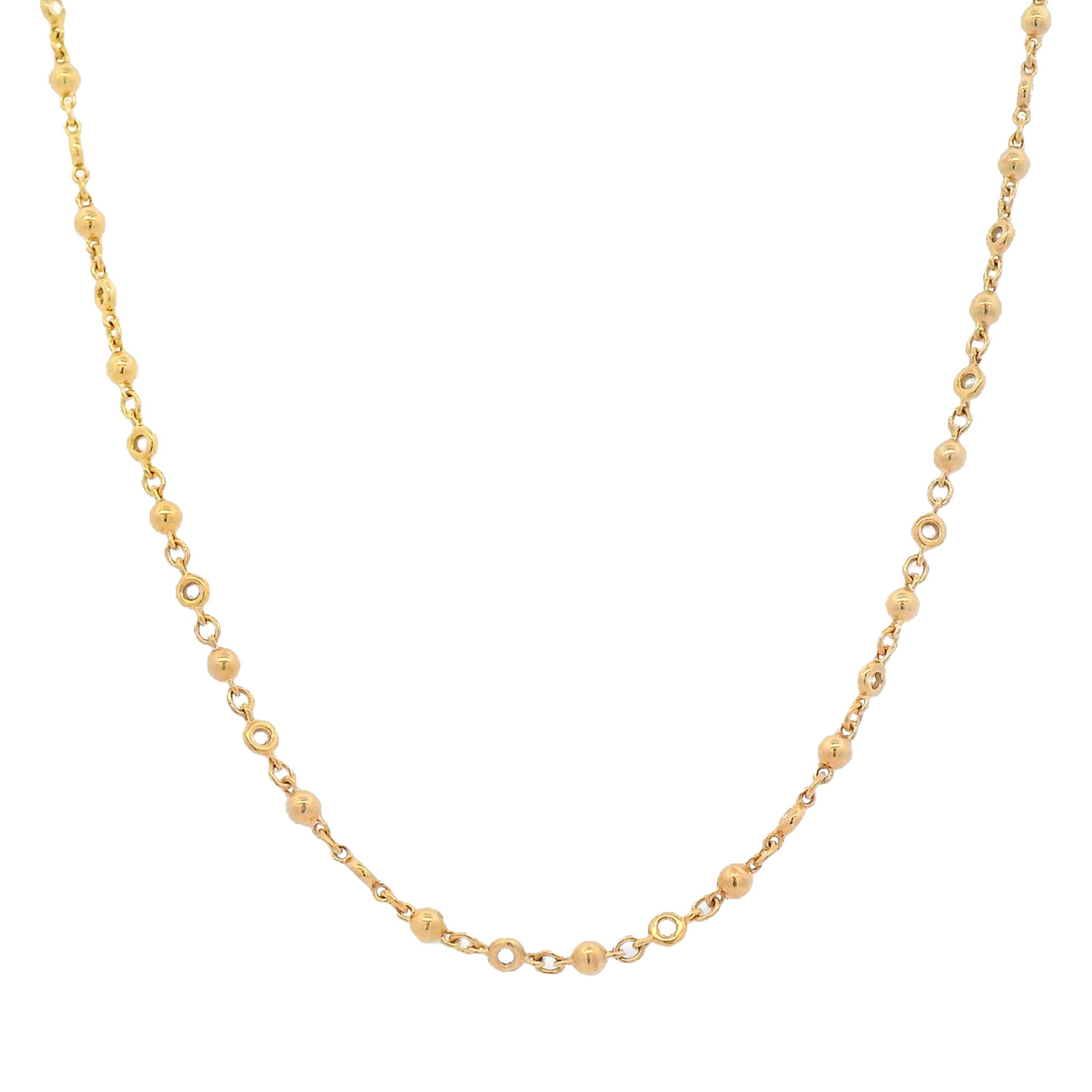 A delicate 18K gold necklace featuring dainty gold balls and finely bezel-set diamonds. Elegant, refined, and perfect for everyday shine.-18k Yellow gold-Diamonds, F-G/VS 0.41cts-Length 18" Item# 807-2000380 Dainty Ball and Bezel Chain