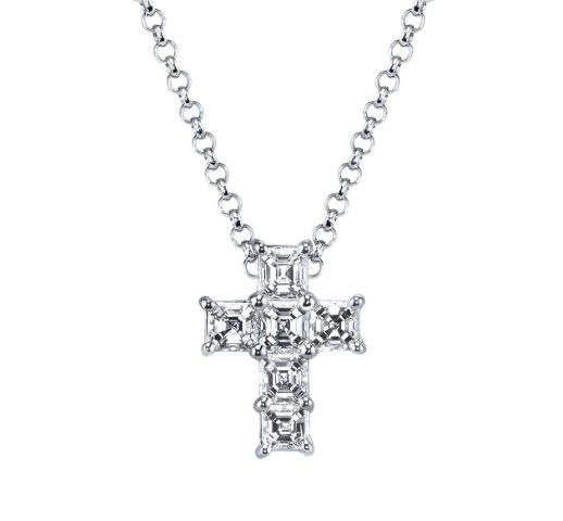 Crafted in 18k white gold, this cross necklace features Asscher cut diamonds that reflect light from every angle. Clean lines and timeless sparkle give this piece a modern yet meaningful presence.-18k White gold-Asscher cut diamonds, 1.25ctsItem# 160-2000017 Asscher Cut Cross Pendant
