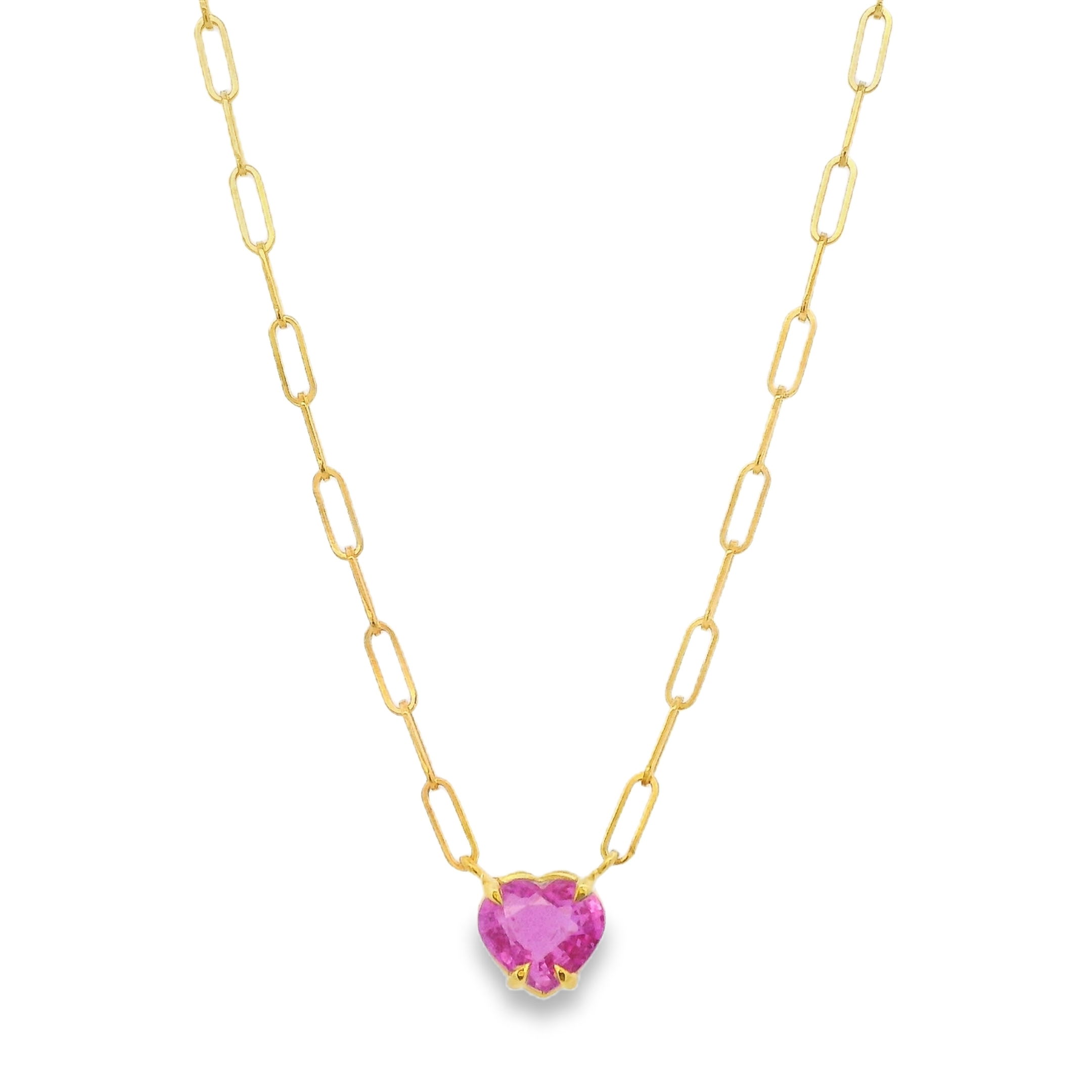 Add a pop of color to your wardrobe with this chic heart shape pink sapphire necklace. This piece is perfect for layering or wearing on its own!-18k Yellow gold-Pink sapphire, 1.79ctItem# ND-NK-00031 Pink Love Necklace