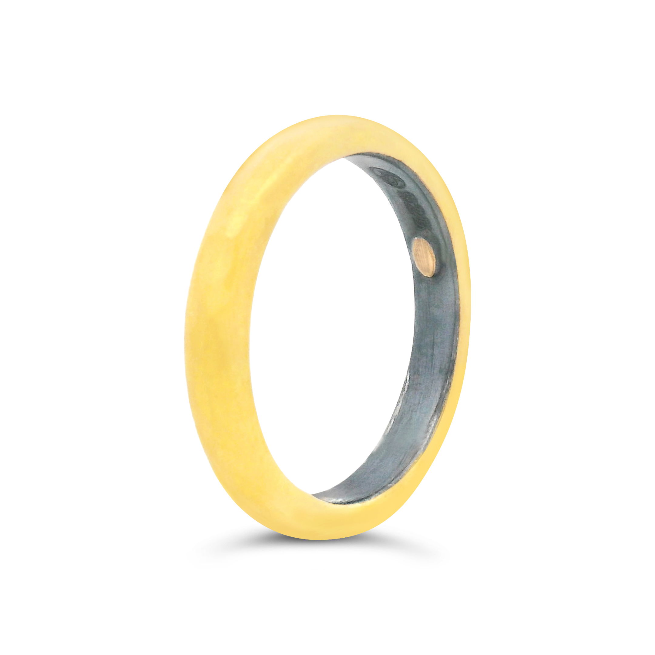 This 3mm band pairs rich 24k gold with oxidized sterling silver in a hammered finish. Perfect for stacking, it adds texture and character to any ring collection.-24k Yellow gold-Oxidized Silver-Size 6.5Item# 804-2000309 Fusion Stacking Band