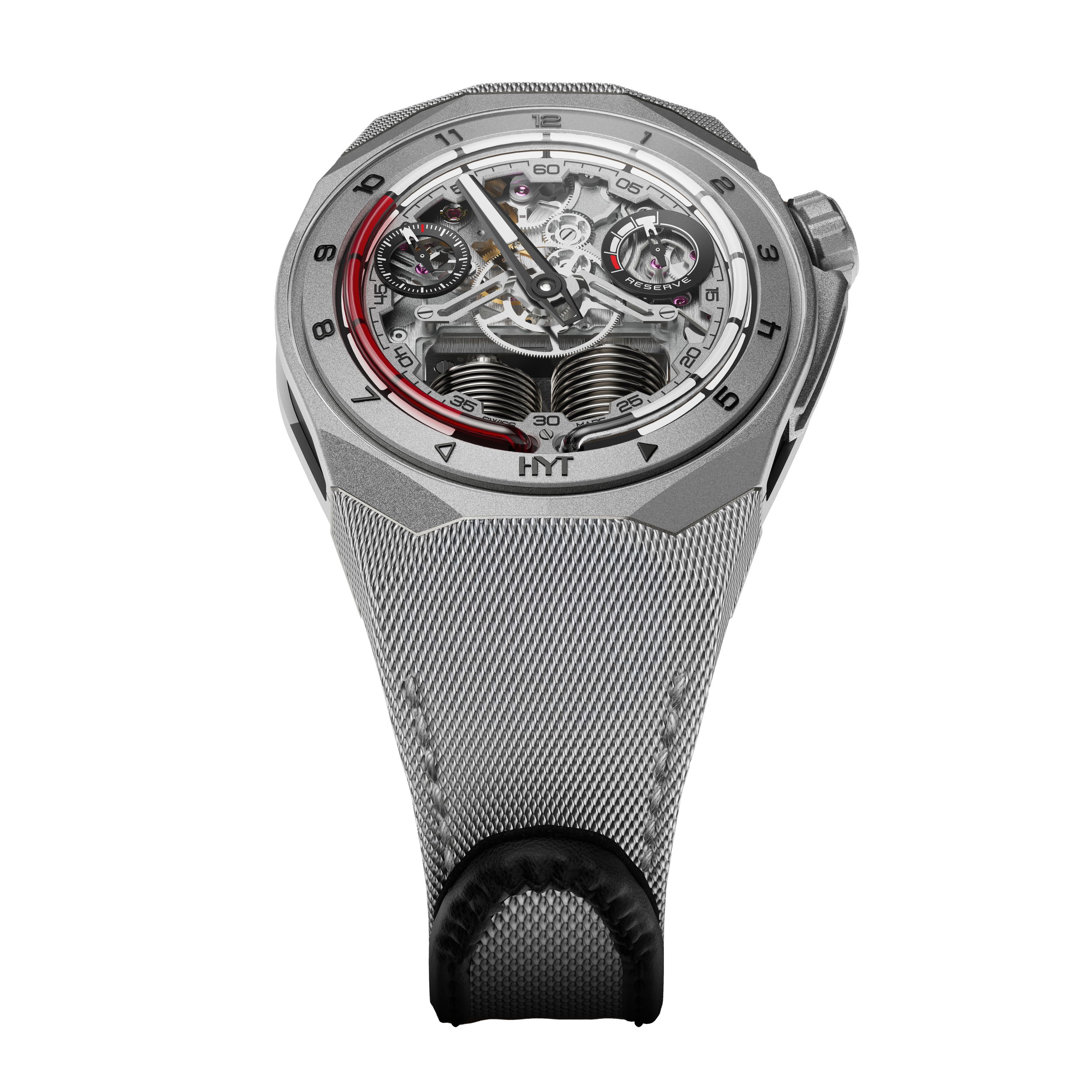 The HYT S1 Bead-blasted Titanium Red boldly combines fluidic timekeeping with a futuristic aesthetic, showcasing the brand’s innovative “power plant” movement and a captivating blend of gray tones. As the only watchmaker employing fluid-display technology, HYT remains at the forefront of horological innovation with its distinctive and unconventional timepieces.Key Features:Retrograde Fluidic Hours SystemWatch S1 Titanium DLC (diamond-like coating) Black, Blue Fluid 5 ATMCase: Black coated & Natural titaniumMovement: mechanical hand-wound, 41 jewelsBuckle: Natural titanium pin buckleDiameter: 45.30mmPower Reserve: 72 HoursWater Resistance: 50 Meters S1 Bead-Blasted Red Fluid