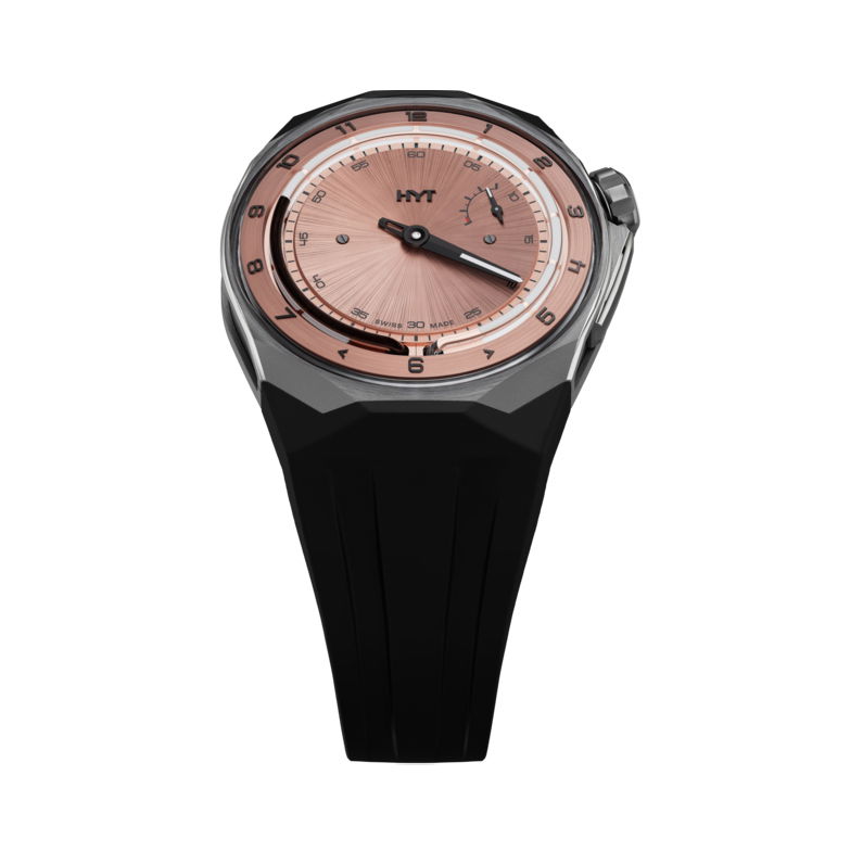 The HYT T1 Titanium Salmon is a mesmerizing package of modern design and traditional Swiss mechanical watchmaking. Merging noble materials with futuristic aesthetics, this timepiece captures the essence of HYT’s fluidic timekeeping philosophy in an elevated, modern form.Retrograde Fluidic Hours SystemHYT T1 Titanium Salmon 5 ATMCase: Satin-Finished Titanium Dial: Salmon lacquer with sunburst satin finishMovement: mechanical hand-wound, 41 jewels. 72 Hour Power ReserveWidth: 45.30 mmLength: 46.30 mmThickness: 17.20 mmWater-resistant: 50 metersStrap: Black rubberBuckle: Titanium pin buckle T1 Titanium Salmon