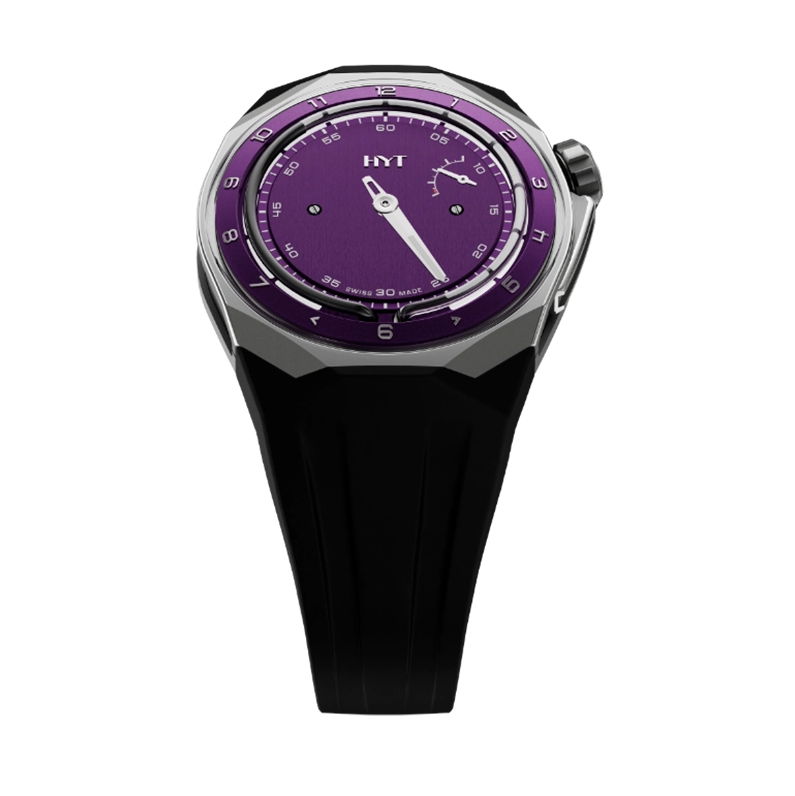 The HYT T1 Titanium Purple is a striking display of modern design and traditional Swiss mechanical watchmaking. Merging noble materials with futuristic aesthetics, this timepiece captures the essence of HYT’s fluidic timekeeping philosophy in an elevated, modern form. Retrograde Fluidic Hours SystemHYT T1 Millesime Titanium Purple 5 ATMCase: Black Coated and Natural Titanium Dial: Purple lacquer with vertical satin finishMovement: mechanical hand-wound, 41 jewels. 72 Hour Power ReserveWidth: 45.30 mmLength: 46.30 mmThickness: 17.20 mmWater-resistant: 50 metresStrap: Purple rubberBuckle: Titanium pin buckle T1 Millesime Titanium Purple
