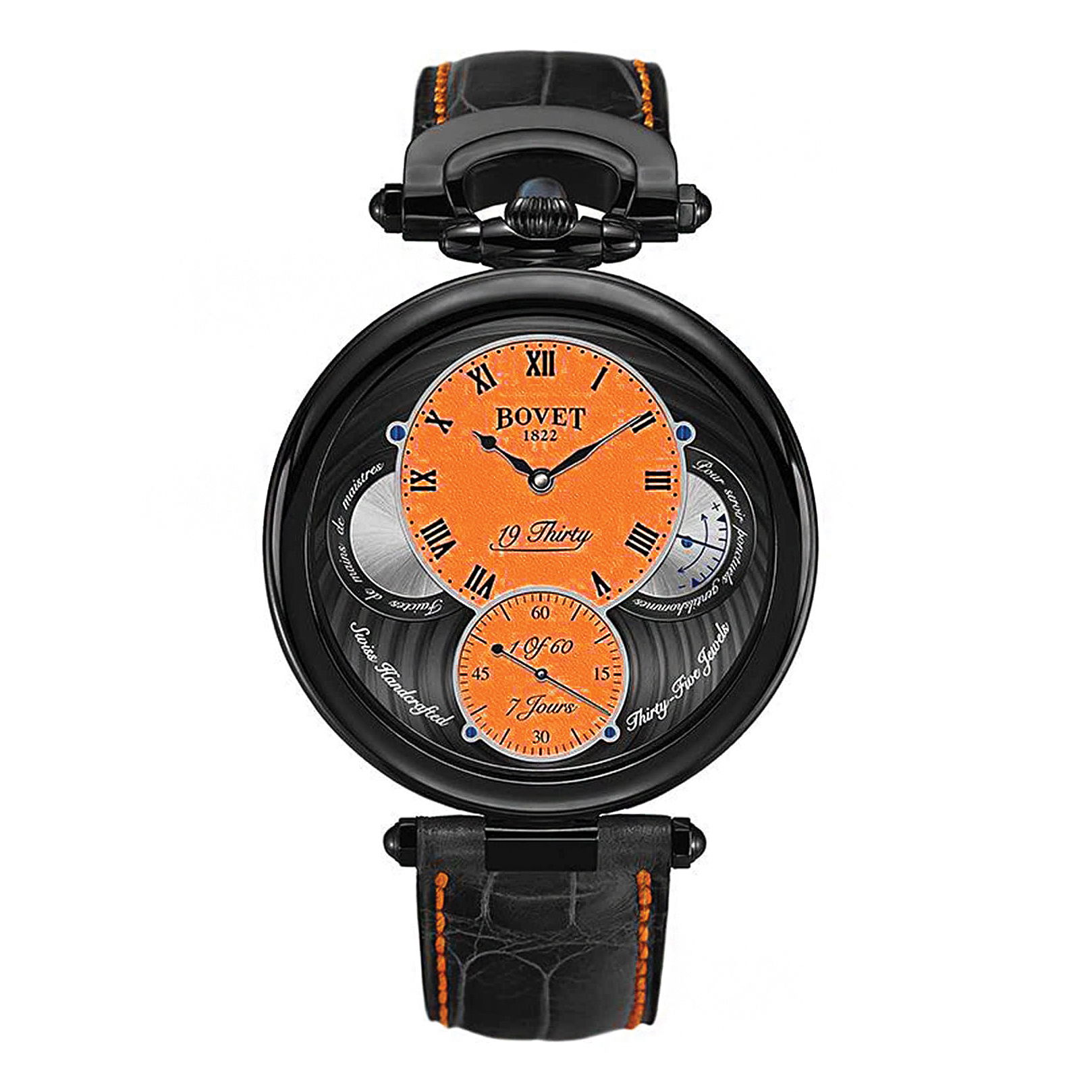 The Bovet 19Thirty Black SS Limited Edition #06/60 features a striking orange Superluminova dial with contrasting black hands and dual time display, housed in a sleek black DLC stainless steel case with an exhibition case back. Powered by Bovet’s in-house hand-wound movement, this rare piece blends avant-garde design with exceptional haute horology craftsmanship.Key Features:19Thirty Black SS w/ Orange Superluminova Dial LE #06/60Case: Black DLC SS Case; Open Work Case BackDial: Orange Superluminova Dial; Large Dials with Roman numbers; Small Dial with Arabic numerals, Black color handsMovement: Hand wound Haute Horology in house movementCaliber: 15BM04Complications: 7 day power indicatorItem# time-00102 Bovet 19Thirty