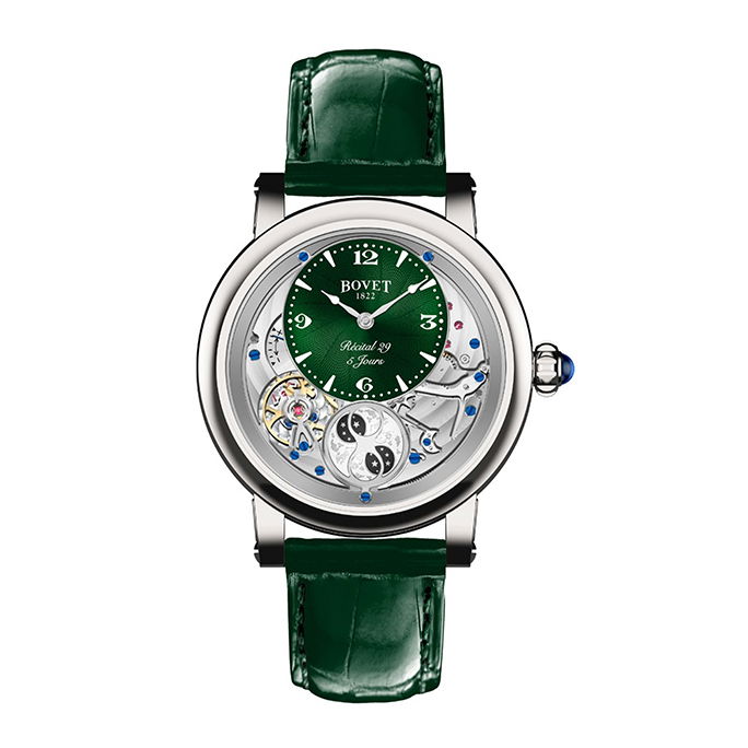 The Récital 29 is easy and comfortable to wear. It’s the very first timepiece presented in a stainless steel 42 mm “writing slope” case. This trademarked case has been awarded numerous times for its readability and innovative design. It features the art and brilliance of the House of Bovet’s artisans.Key Features:Case: Writing desk case shape; 42mm in stainless steelDial: Light green guilloche with Arabic numbers in white RH color handsMovement: Hand-wound mechanical Haute Horlogerie movement mechanismCaliber: 12DM02Complications: Hemispherical moonphase indicator; 5-day power reserve indicatorWeight of timepiece: 78.81grItem# time-00103 Récital 29