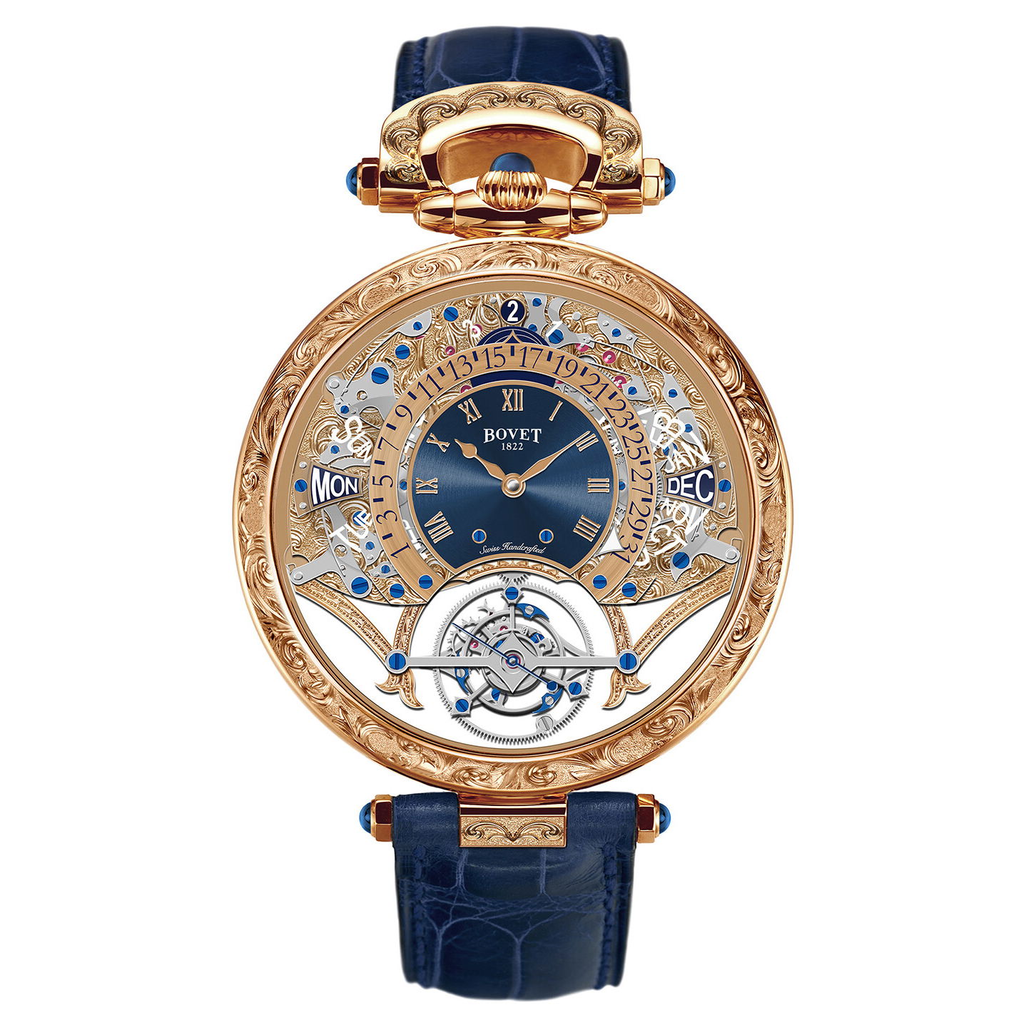 The Virtuoso III Retro Limited Edition 01/39 features a retrograde perpetual calendar with a one minute tourbillon. Four functions in one, this decadent timepiece can be worn on either side, displayed as a table clock or pocket watch, all without the need for tools.Key Features:Case: Convertible Fleurier Case Dial: Black polished enamel dial with chiseled bridges and plates at the back with reversed hand fitted hours and minutesMovement: In-house, hand-wound (Caliber 17BM01A1-QPR) with tourbillionBuckle Type: 18K red gold lotus ardillon (tang/pin)Complications: Date; Month; Leap Year; Reverse Hand Fit, TourbillionDiameter: 46.00mm Thickness: 15.07mm Power Reserve: 5 days Water Resistance: 30 metersItem# time-00104 The Virtuoso III