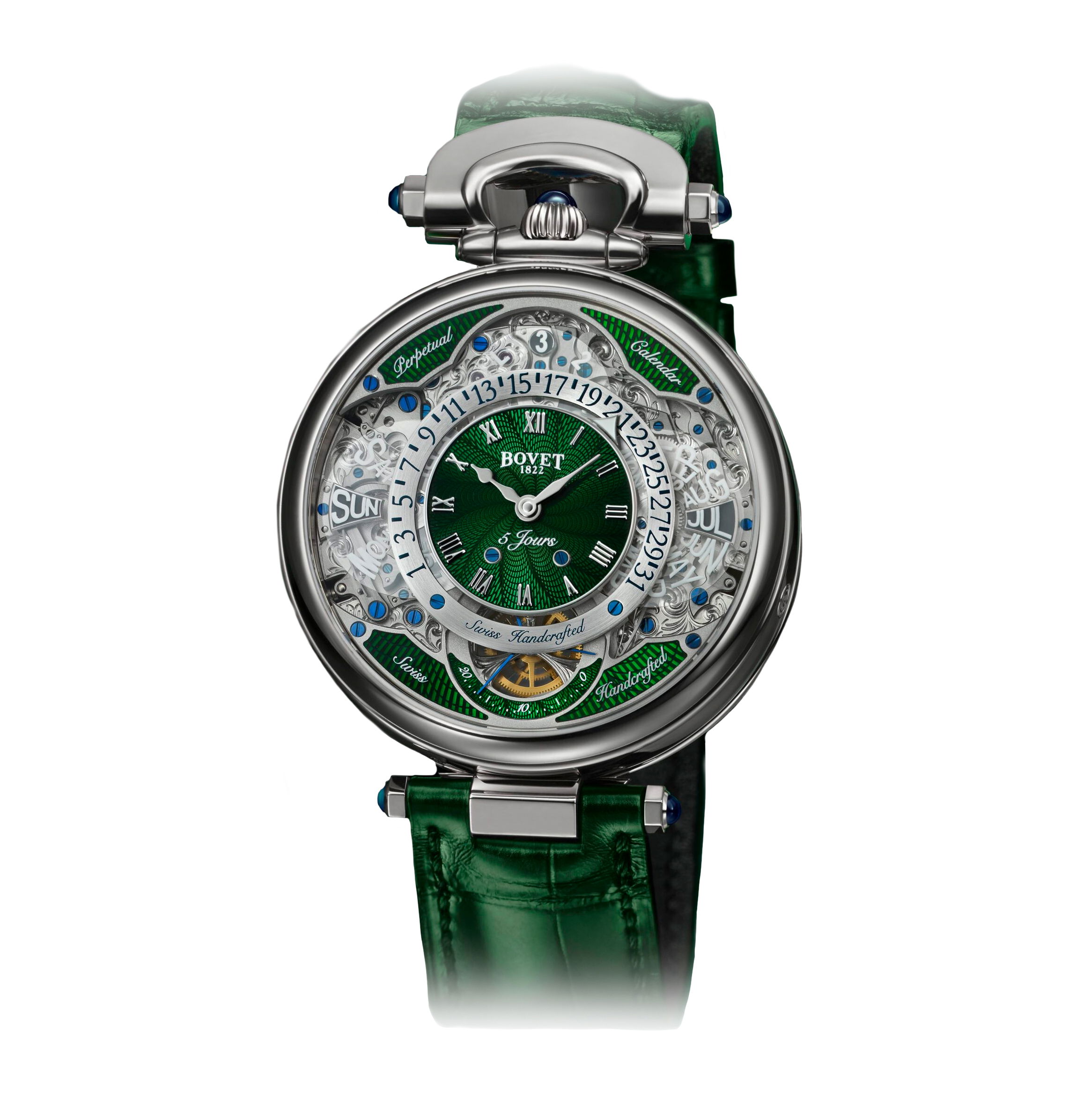 The Virtuoso VII Perpetual Callendar is a limited-edition 09/60, featuring a hand-wound movement with a 10-day power reserve. Fleurier 18k white gold; Patented Amadéo® convertible system. Four display options in one without the need for tools.Key Features:Limited Edition: 9 of 60 pieces world-wide. In-house hand-wound movement (Caliber 13BM12AIQPR)Sub seconds, Power Reserve Indicator, Dual Face, Perpetual Calendar RetrogradeFleurier case set (18k White Gold) with 5 sapphire cabochons (0.72 ct.)10-day power reserve30m water resistance42.00mm diameter, 11.25mm thicknessGreen alligator strap with 18k white gold lotus ardillon (pin) buckleItem: time-00109 The Virtuoso VII Retro