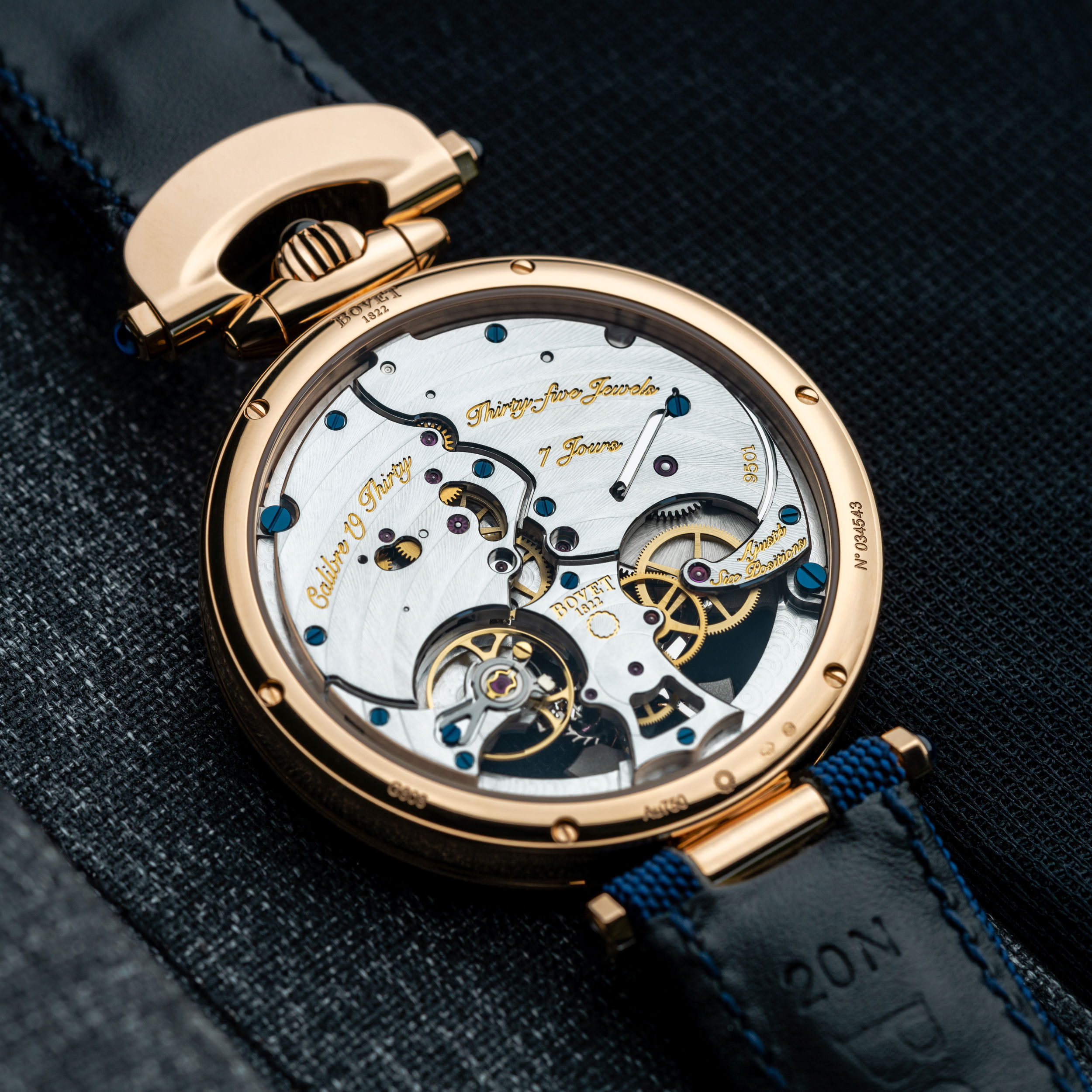 Bovet Orbis Mundi is a limited-edition world-time masterpiece #1 of 60, housed in a 42mm 18K red gold Fleurier case, featuring a hand-wound movement with a 7-day power reserve and patented world-time display. With an aventurine glass dial, five sapphire cabochons, and a black matte alligator strap, it’s a striking fusion of innovation and artistry.Key Features:Limited Edition: 1 of 60 pieces worldwideIn-house hand-wound movement (Caliber 15BM01HU)Patented world-time display with 24 time zonesAventurine glass dial with 18K red gold handsSub seconds, power reserve indicator, hours & minutes18K red gold Fleurier case set with 5 sapphire cabochons (0.72 ct.)7-day power reserve; 30m water resistance42.00mm diameter, 11.25mm thicknessBlack matte alligator strap with sky blue stitching18K red gold lotus ardillon (pin) buckleItem# time-00110 Orbis Mundi