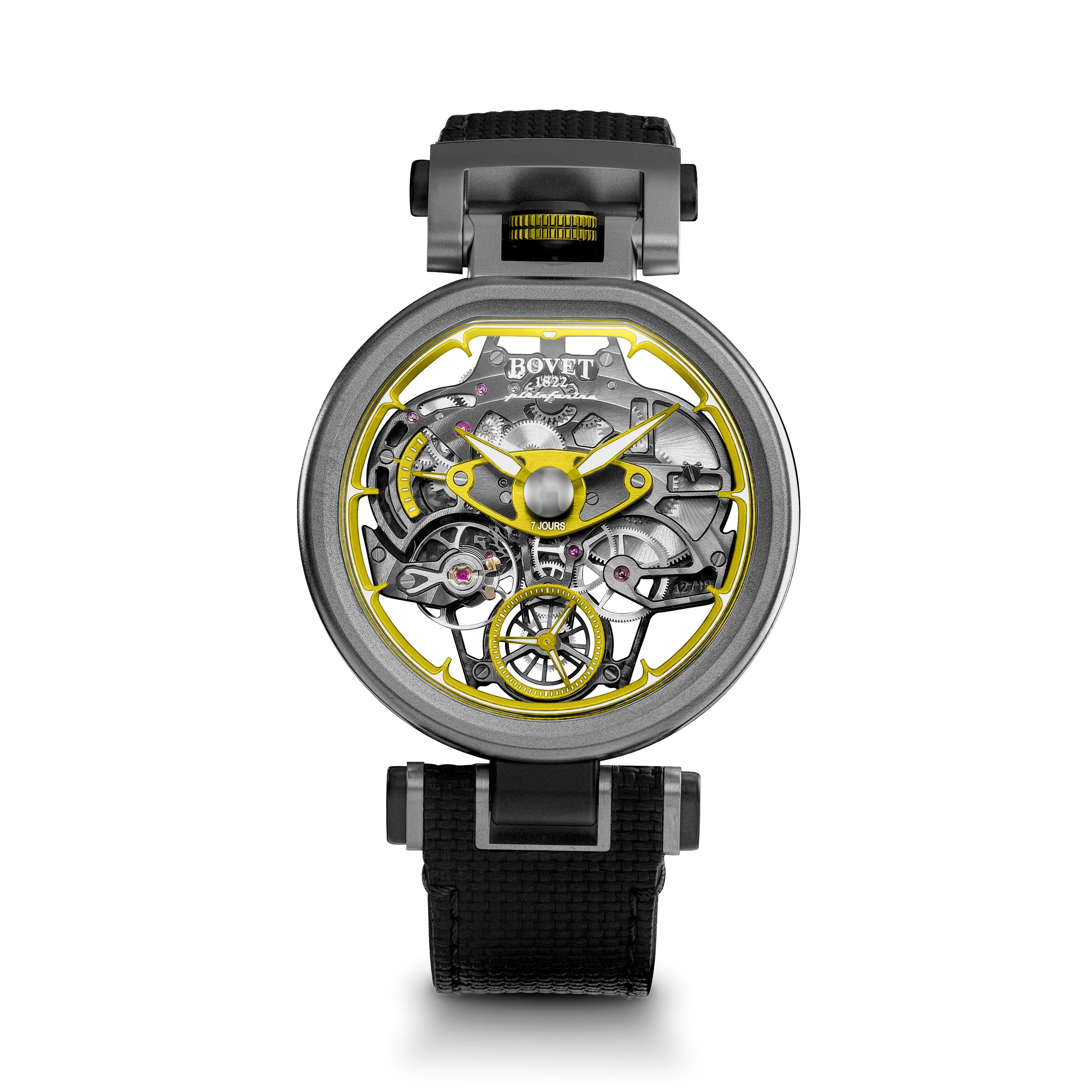 Pininfarina Aperto 1 in Titanium and Yellow sports a sapphire crystal exhibition case. Inspired by the famous Italian auto maker, this sporty piece features a hand-wound movement with a 7-day power reserve and a Caliber 15BMPF09-OW movement. Fleurier case with grade 5 sandblasted titanium, open worked with yellow accents.Key Features:In-house hand-wound movement (Caliber 15BMPF09-OW)Power reserve indicatorFleurier case set (grade 5 sandblasted titanium) 7-day power reserve30m water resistance42.00mm diameter, 11.25mm thicknessInterchangeable black and yellow rubber strapsItem# time-00111 Aperto 1 Pininfarina