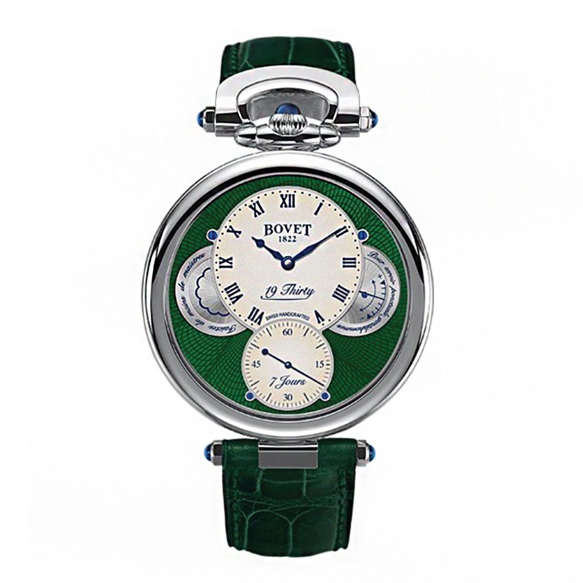 Bovet’s 19Thirty Fleurier Stainless Steel and Ivory colored dial on Green Guilloche features Blue hands, exhibition sapphire case back, and a 7 day power reserve indicator.Key Features:Functions: Hours, minutes, sub seconds; Power reserve indicatorMovement: In-house, hand-wound (Caliber 15BM04)Case Type: Fleurier polished steel; Crown and strap-bolts set with 5-sapphire cabochons for 0.72 ct.Dial: Ivory/ green guilloche; Blued steel hands; Hand-painted Roman and Arabic numeralsStrap: Matte green alligatorBuckle Type: Polished steel lotus ardillon (tang/pin)Diameter: 42.00mm Thickness: 9.05mmPower Reserve: 7 daysWater Resistance: 30 metersItem# time-00114 19Thirty Fleurier