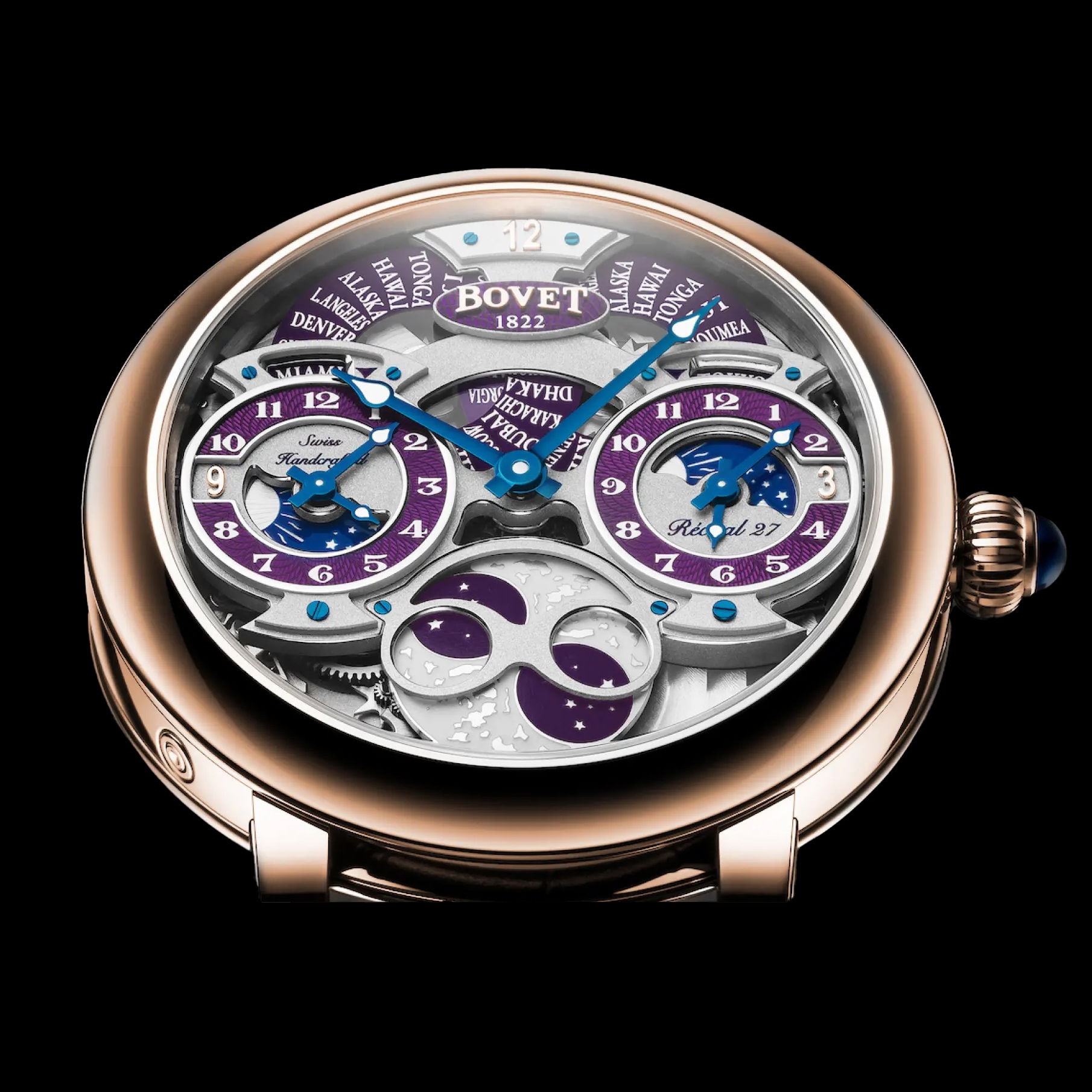 The Bovet Récital 27 is a masterfully engineered timepiece featuring a distinctive sloped "writing desk" case, showcasing triple time zones, moon phase, and a seven-day power reserve. Combining haute horlogerie with artistic craftsmanship, it exemplifies Bovet's commitment to functional complexity and visual elegance.Key Features:Recital 27 18K Red Gold w/ Purple Dials LE 05/60Case: 18K red gold writing case shapeDial: Purple Guilloche triple time zone w/ three rhodium, color appliques, blue color handsMovement: Hand wound mechanical Haute HorologieCaliber: 13DM033FPLComplications: 7 day power indicator; Hemispherical moonphase; seconds carriage and power reserve at the backWeight of timepiece: 162grItem# time-00116 Recital 27