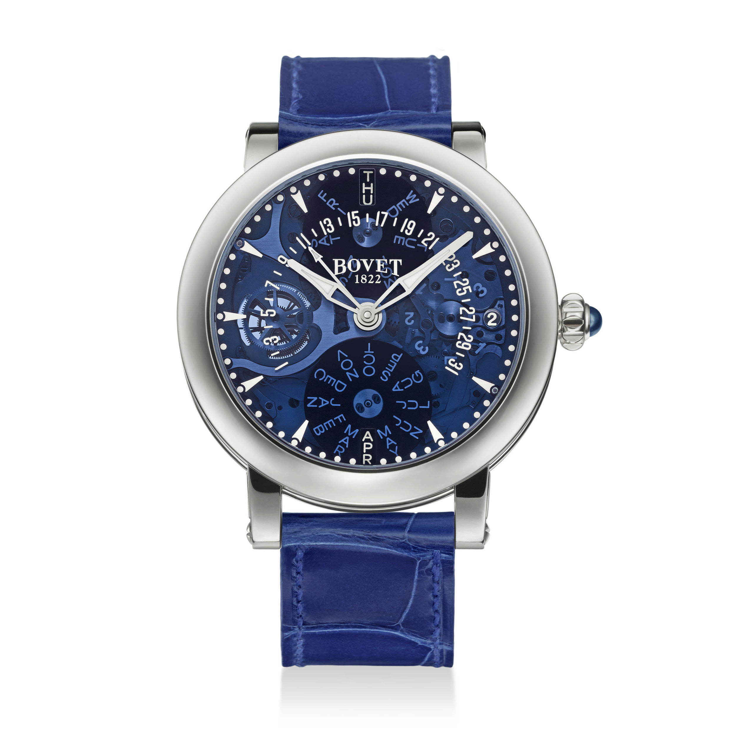 Bovet introduces a new version of the Récital 21 with a sapphire crystal dial. The dial provides a window into the inner workings of this high-watchmaking manual-wind movement.Key Features:Recital 21 Titanium w/ Blue Sapphire DialCase: Titanium; 44mm; Writing SlopeDial: Blue Sapphire with white dial markersMovement: Hand wound Haute Horology in house movementCaliber: 13DM051QPRComplications: 5 day power indicator; Retrograde Perpetual CalendarWeight of timepiece: 87grItem# time-00117 Recital 21