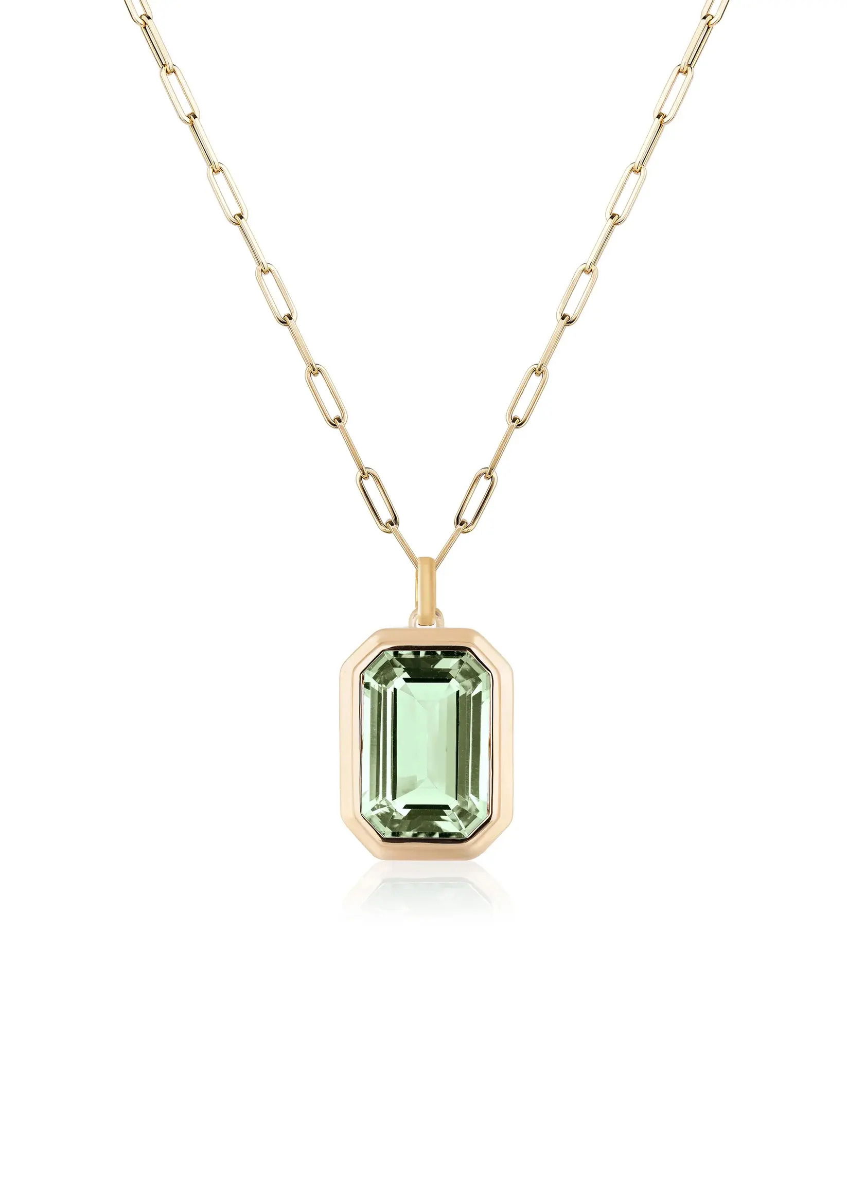 Framed in a clean bezel with crisp vertical lines, the Manhattan Emerald-Cut Pendant captures effortless refinement - a modern essential with timeless impact.18k Yellow gold-Prasiolite, 6.91ctsItem# 235-2000036 'Manhattan' Prasiolite Necklace