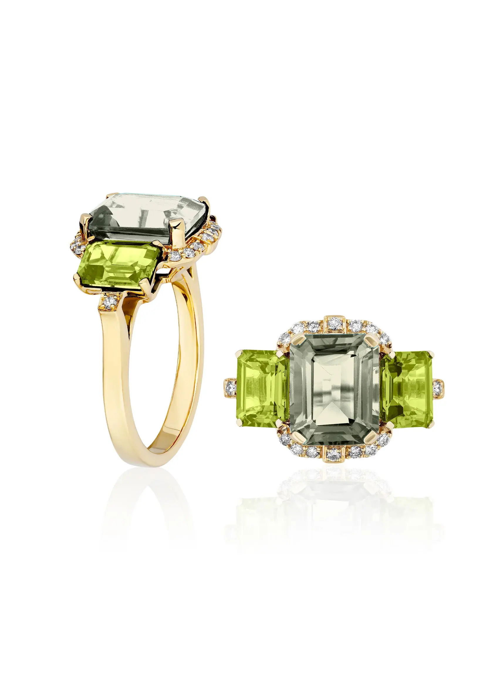An eye-catching trio of emerald-cut gems framed in diamonds defines this bold and glamorous ring. 18k Yellow gold-Prasiolite, 3.17cts-Peridot, 1.86cts-Diamonds, 0.16ctsItem# 200-2000152 'Gossip' Prasiolite and Peridot Ring
